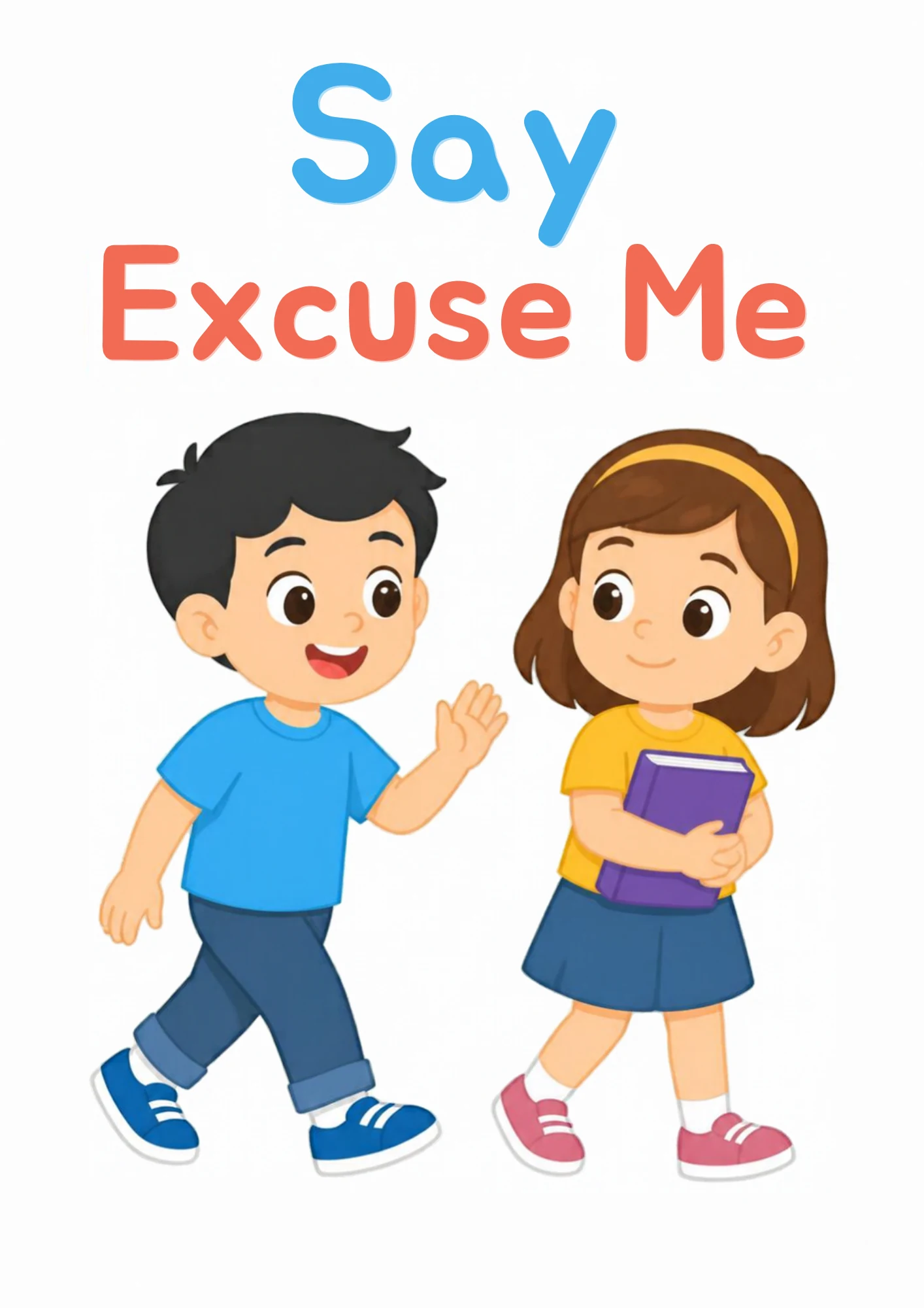 A life-skills flashcard: two children passing one another, saying excuse me politely.