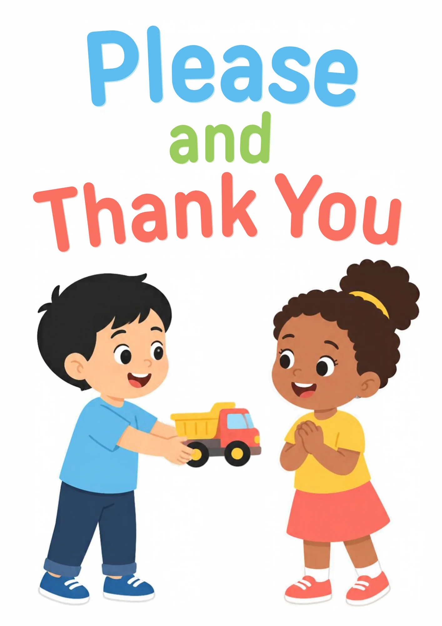 A life-skills flashcard: a boy politely handing a toy to a friend who says thank you.