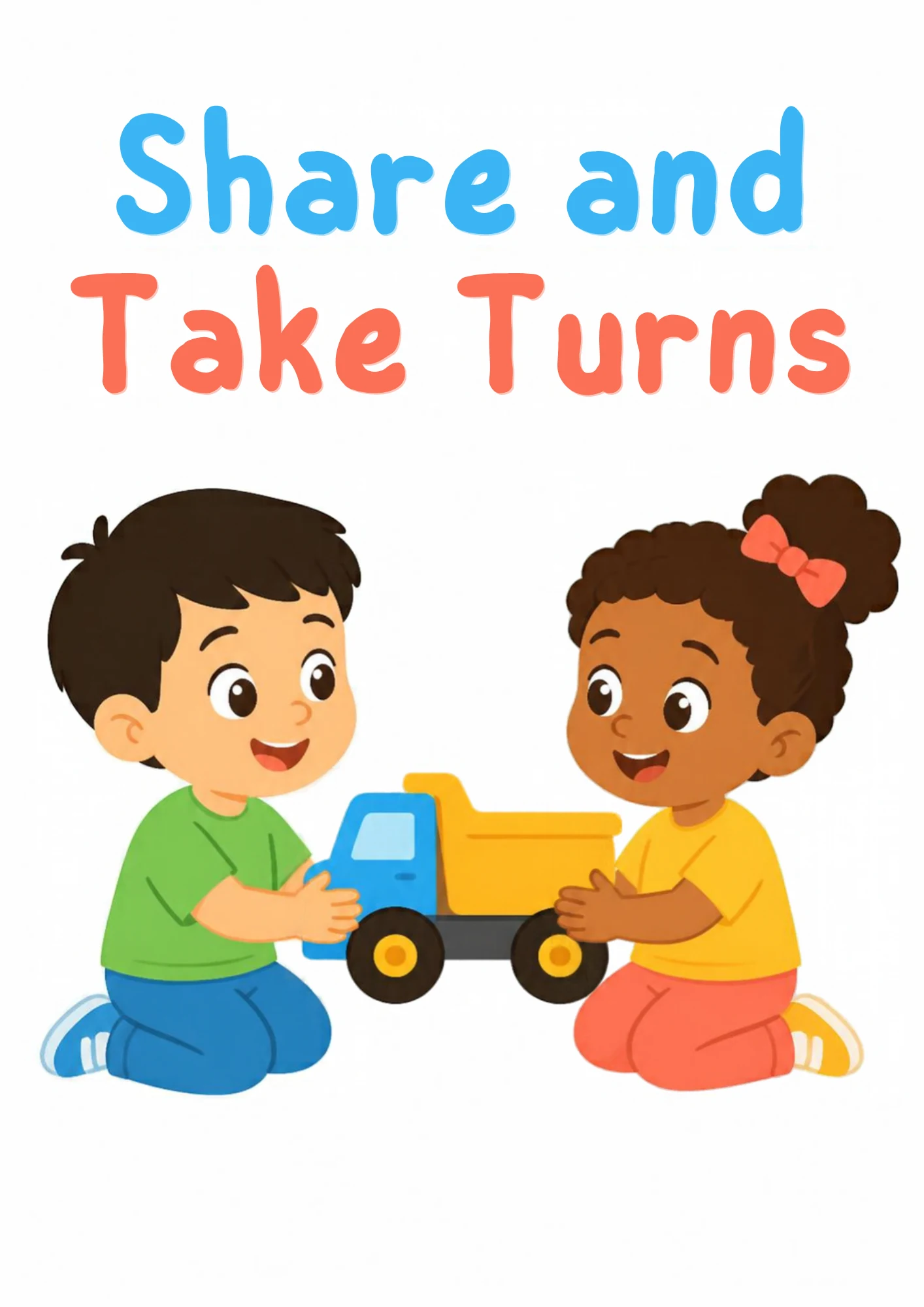 A life-skills flashcard: two children sharing one toy truck and taking turns.