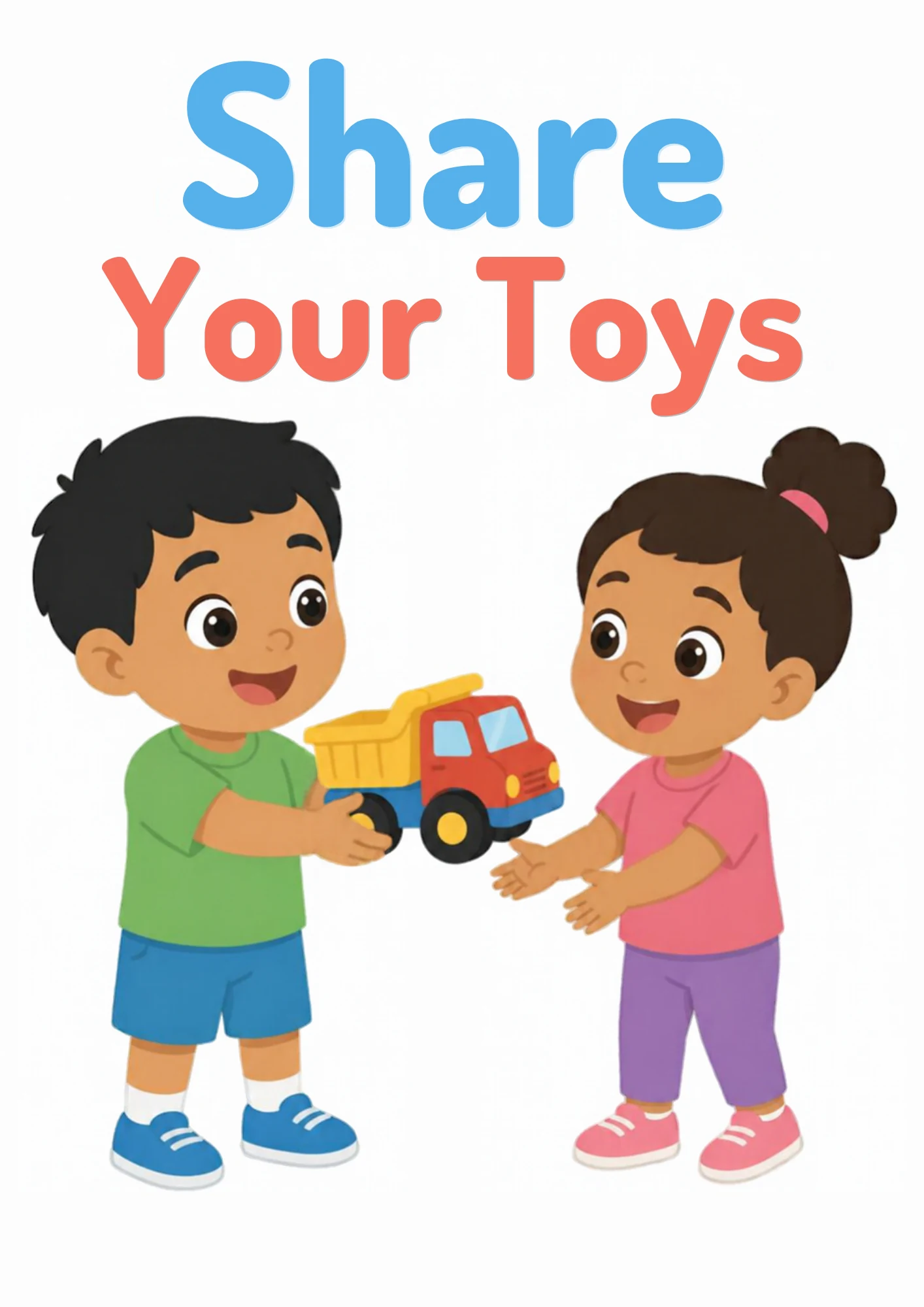 A life-skills flashcard: a boy offering to share his toy truck with a friend.