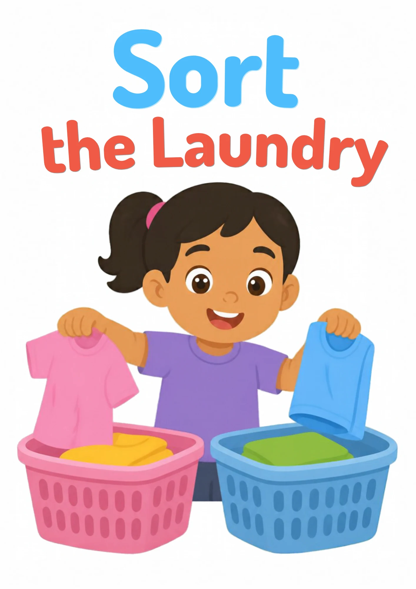 A life-skills flashcard: a girl sorting laundry into two baskets by color.