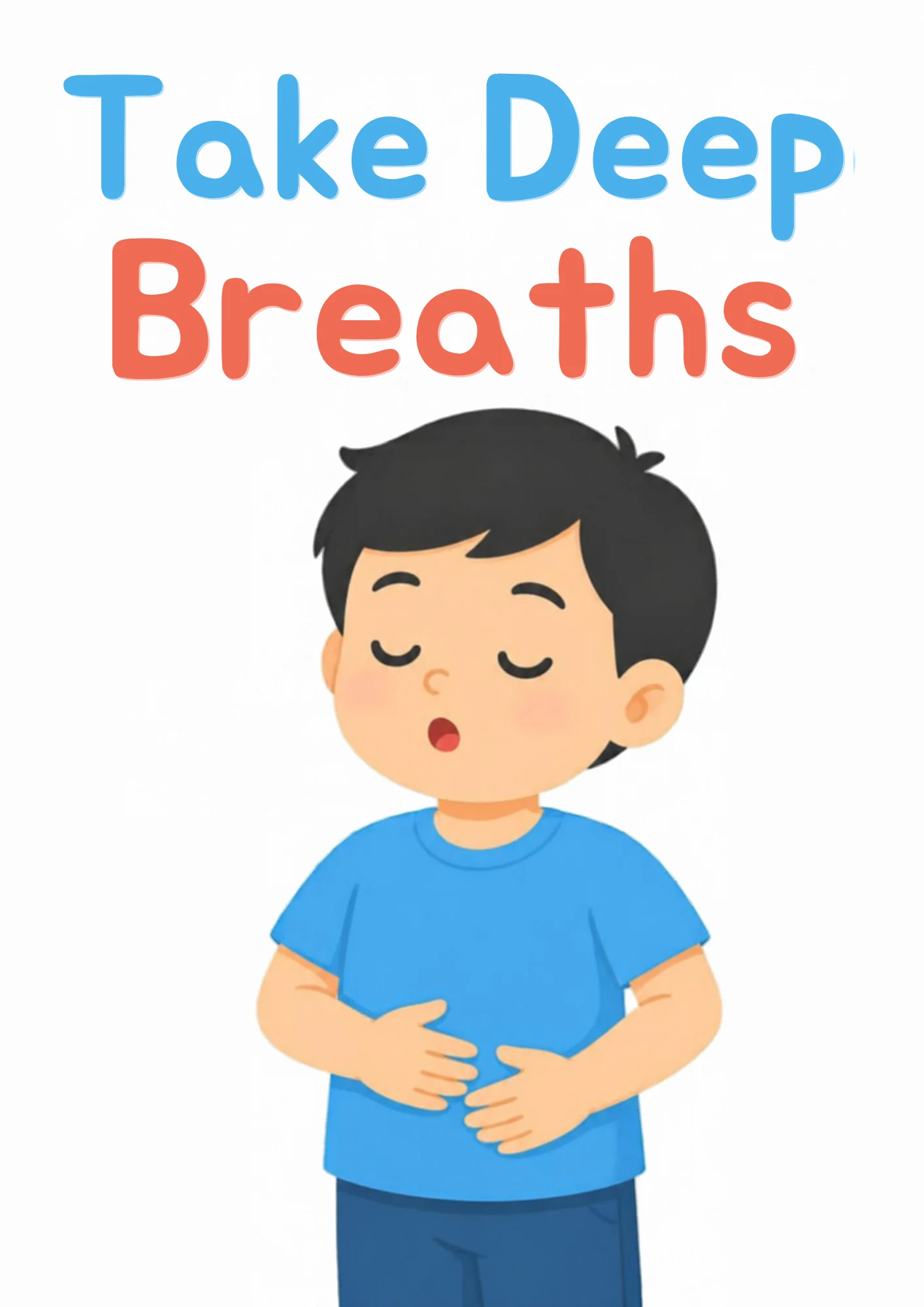 A life-skills flashcard: a boy taking slow deep breaths with his hands on his belly.