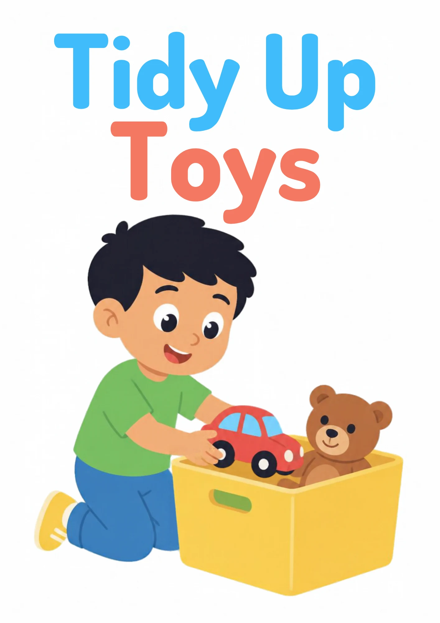A life-skills flashcard: a boy tidying his toy car and teddy bear into a toy box.