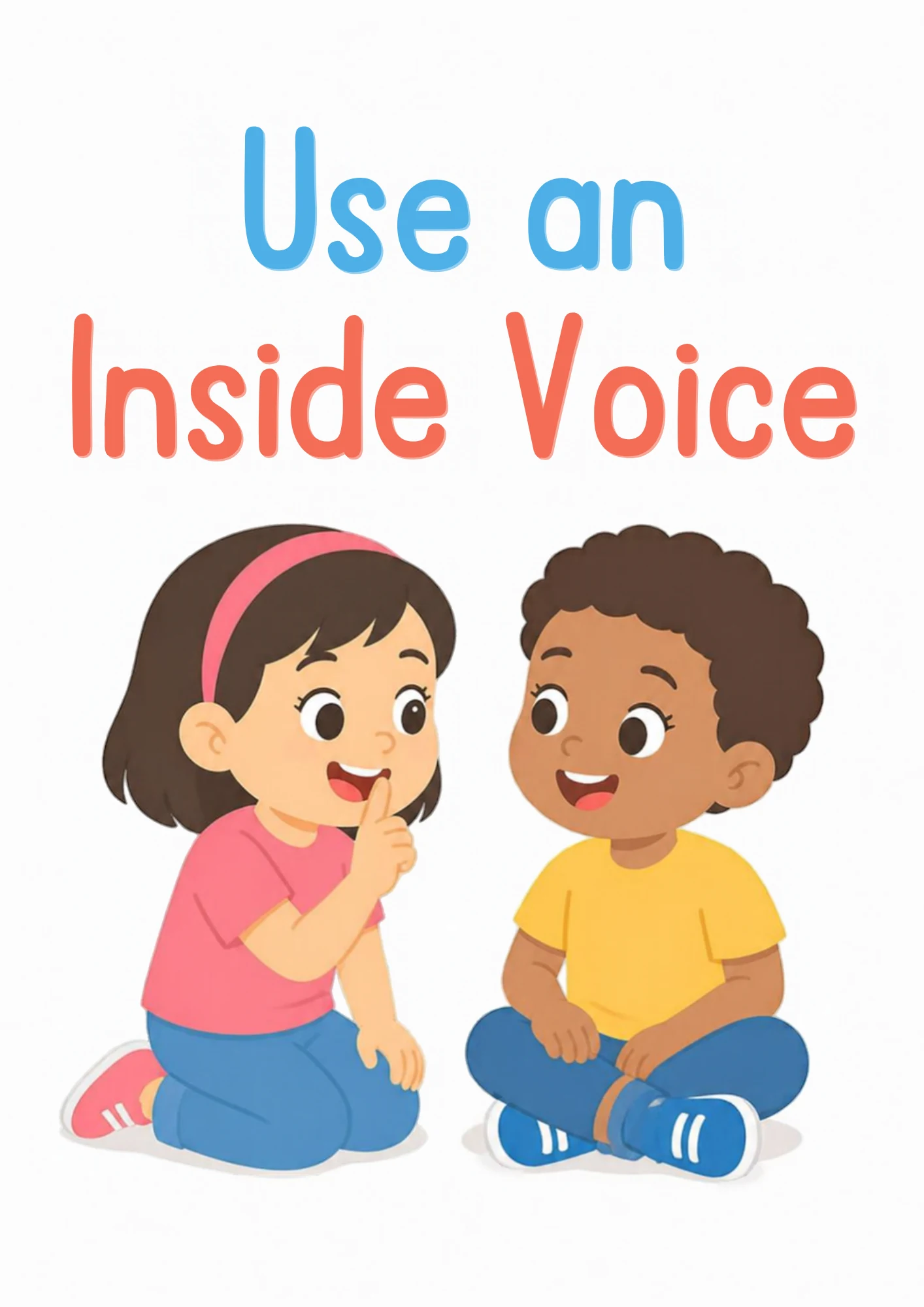 A life-skills flashcard: a girl using a soft whisper voice with her finger near her lips.