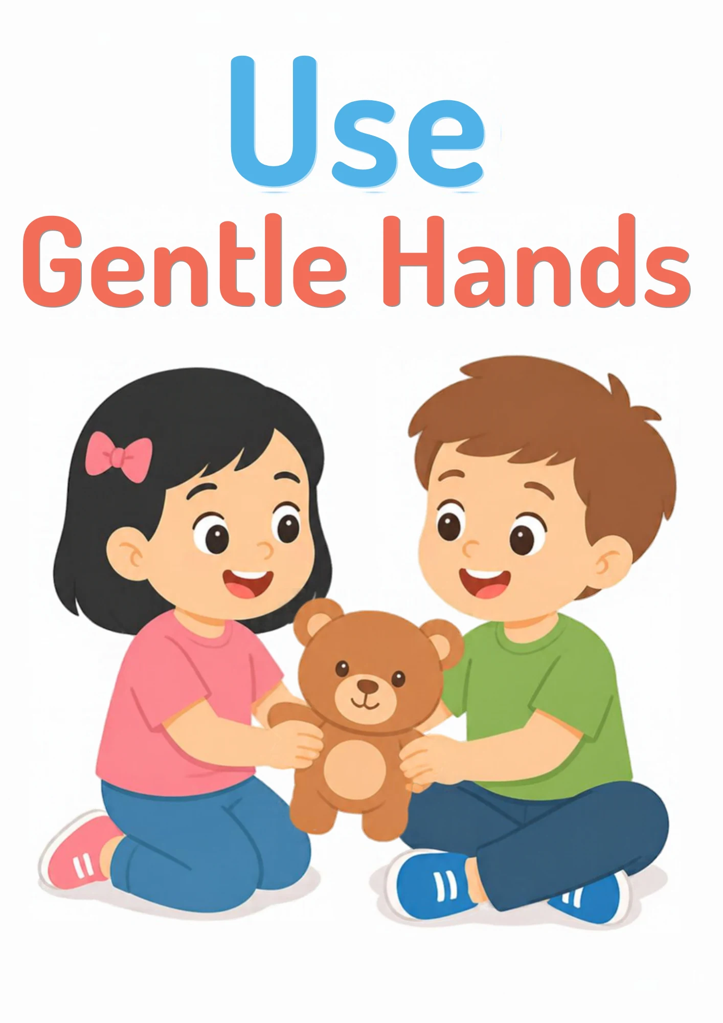 A life-skills flashcard: two children using gentle hands to pet a teddy bear.