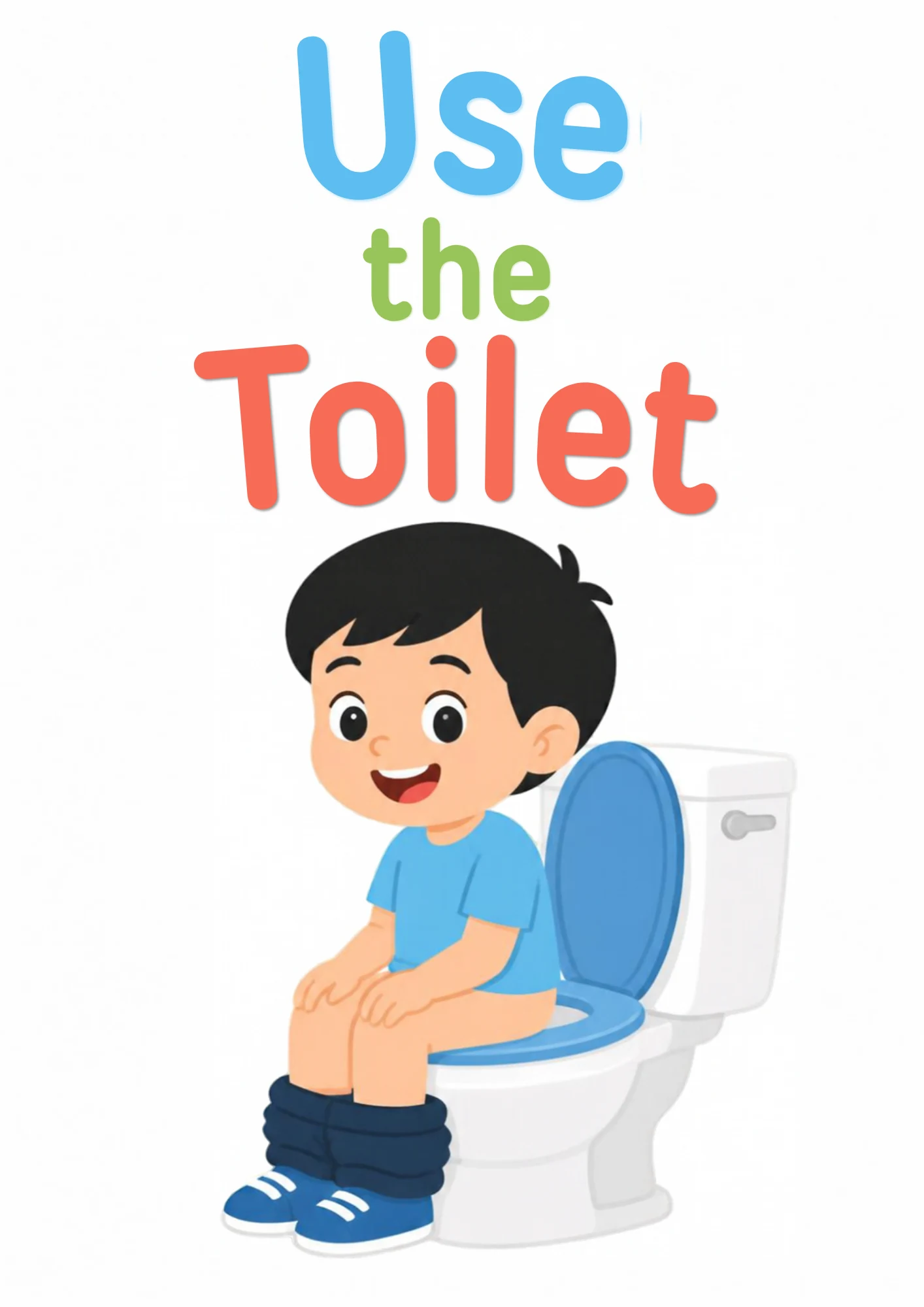 A life-skills flashcard: a boy sitting happily on the toilet, using it by himself.