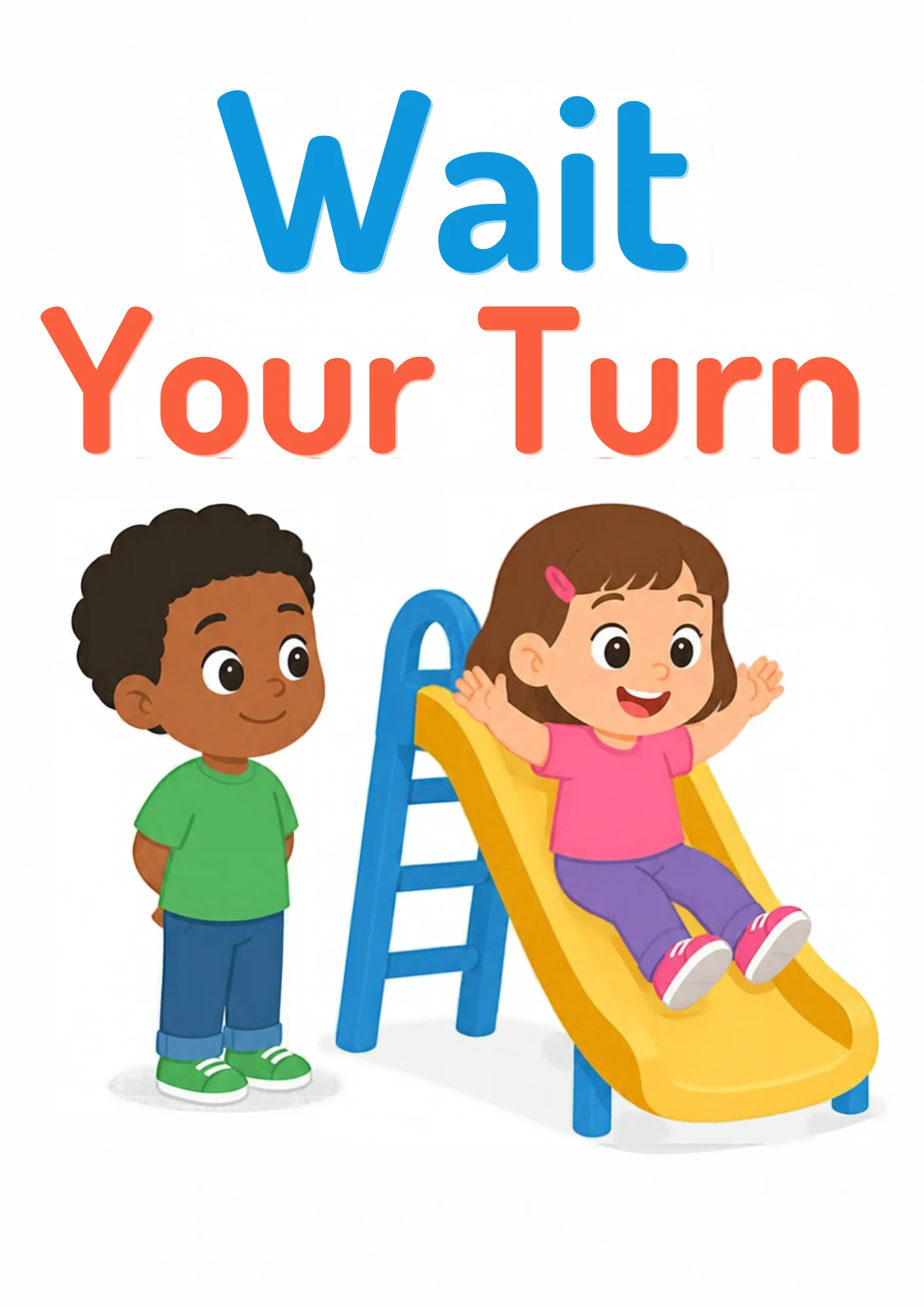 A life-skills flashcard: a boy patiently waiting his turn at the playground slide.