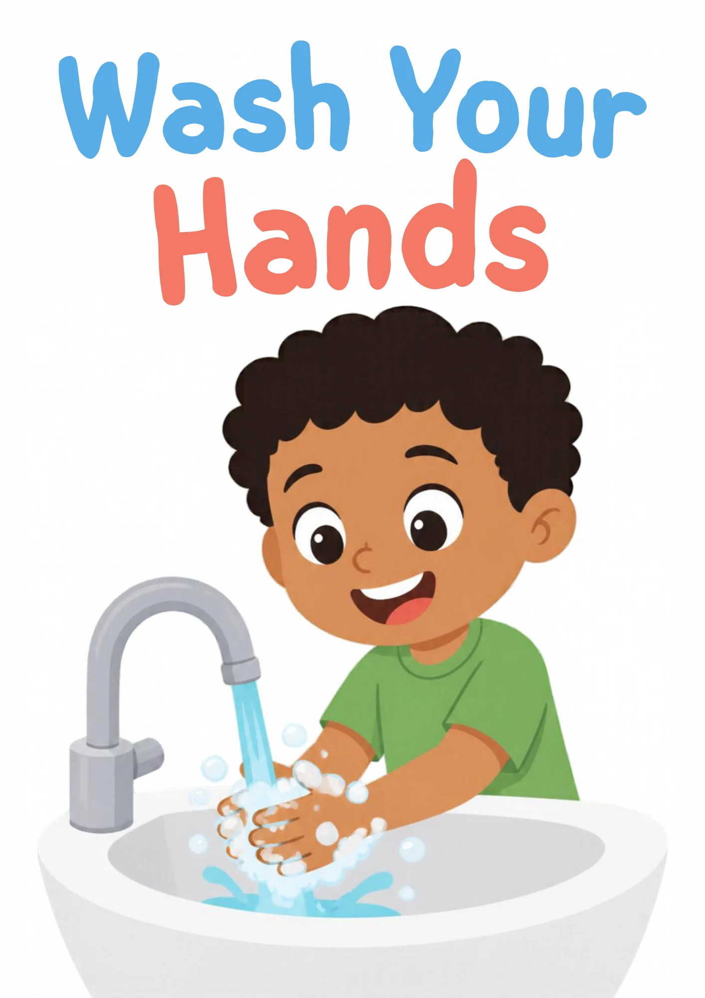 A life-skills flashcard: a smiling boy washing his hands with soap under running water at a basin.