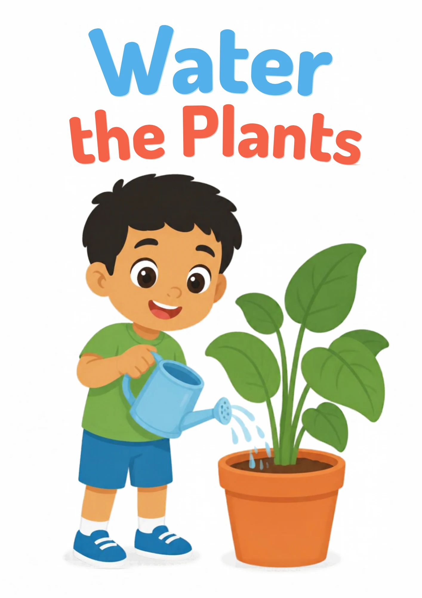 A life-skills flashcard: a boy watering a potted plant with a small watering can.