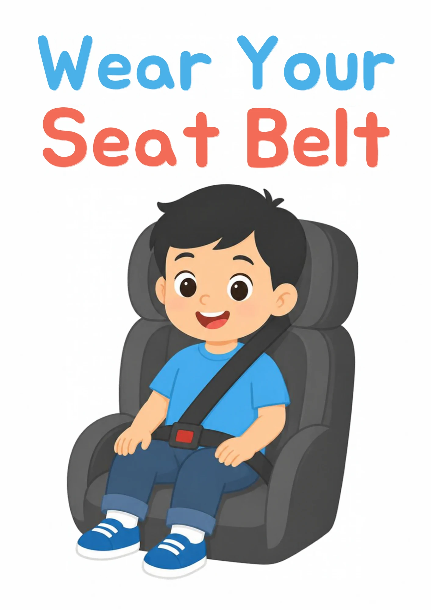 A life-skills flashcard: a boy buckled safely into his car seat with the seat belt clicked.