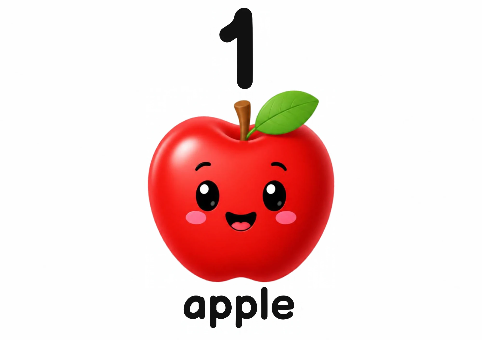 A counting flashcard titled 1: one smiling red apple with a green leaf sits under a big black numeral 1, with the word "apple" printed below.