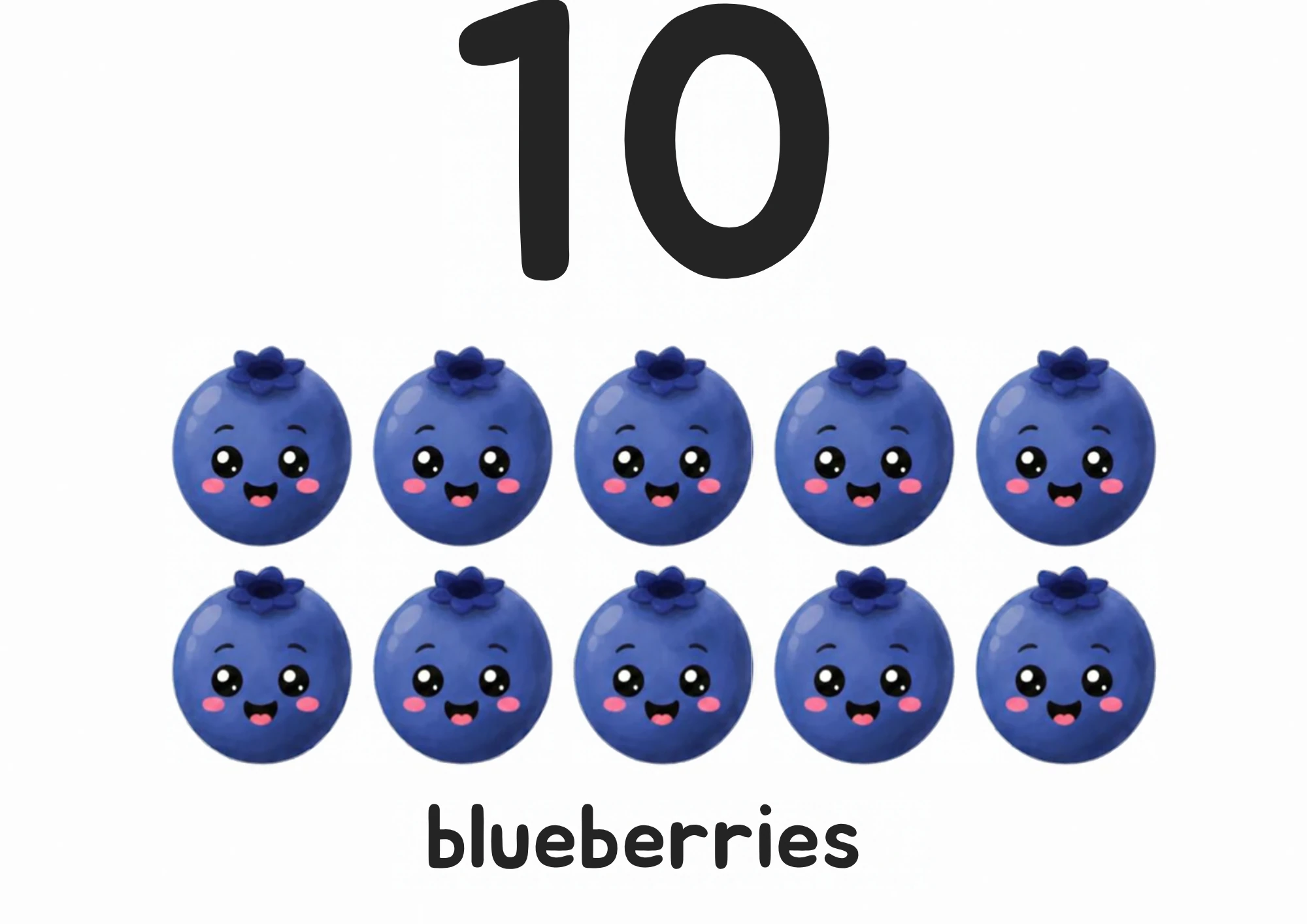 A counting flashcard titled 10: ten smiling blueberries sit in two neat rows of five under a big black numeral 10, with the word "blueberries" printed below.