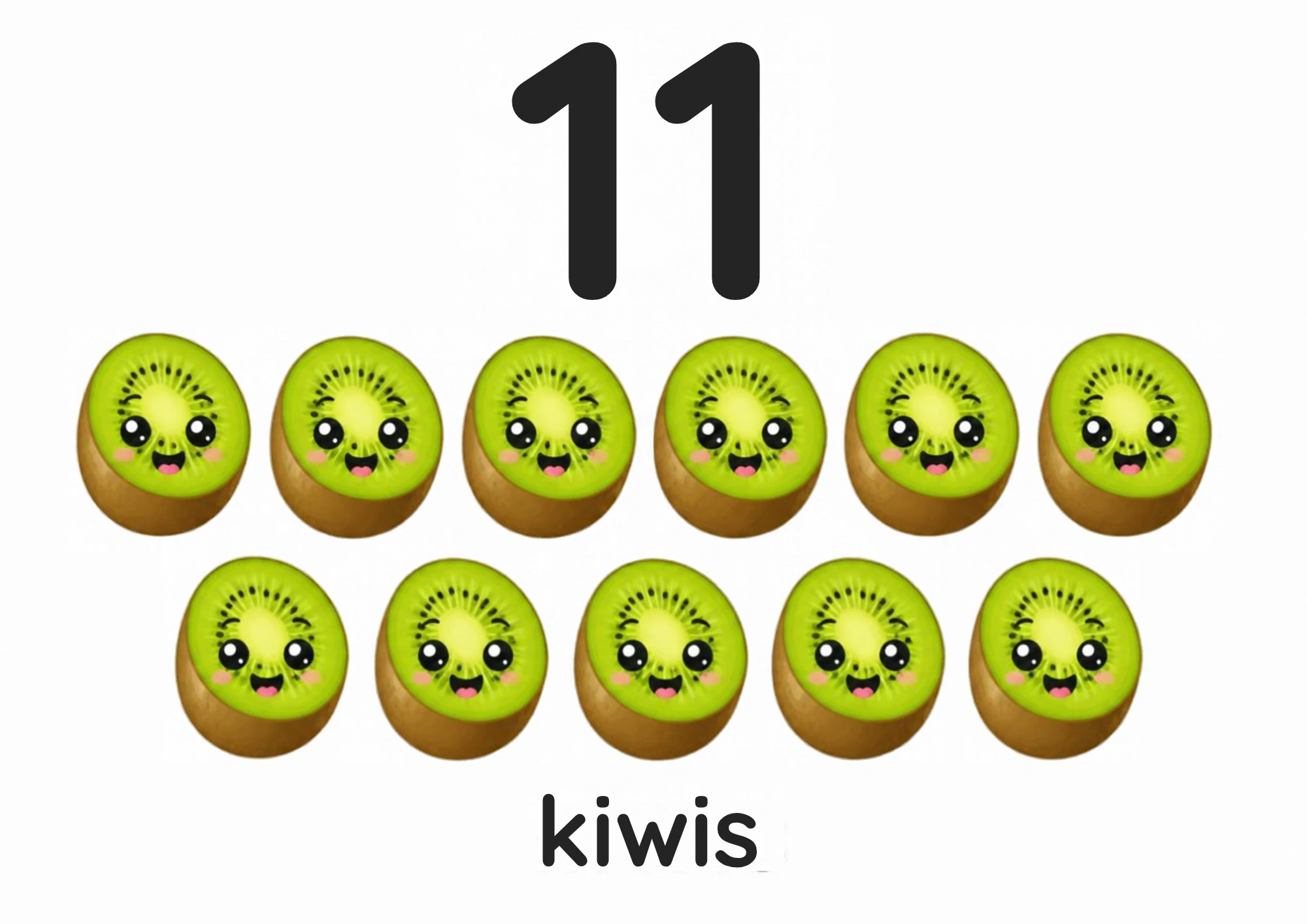A counting flashcard titled 11: eleven smiling cut kiwi halves show their green centres in two rows under a big black numeral 11, with the word "kiwis" printed below.
