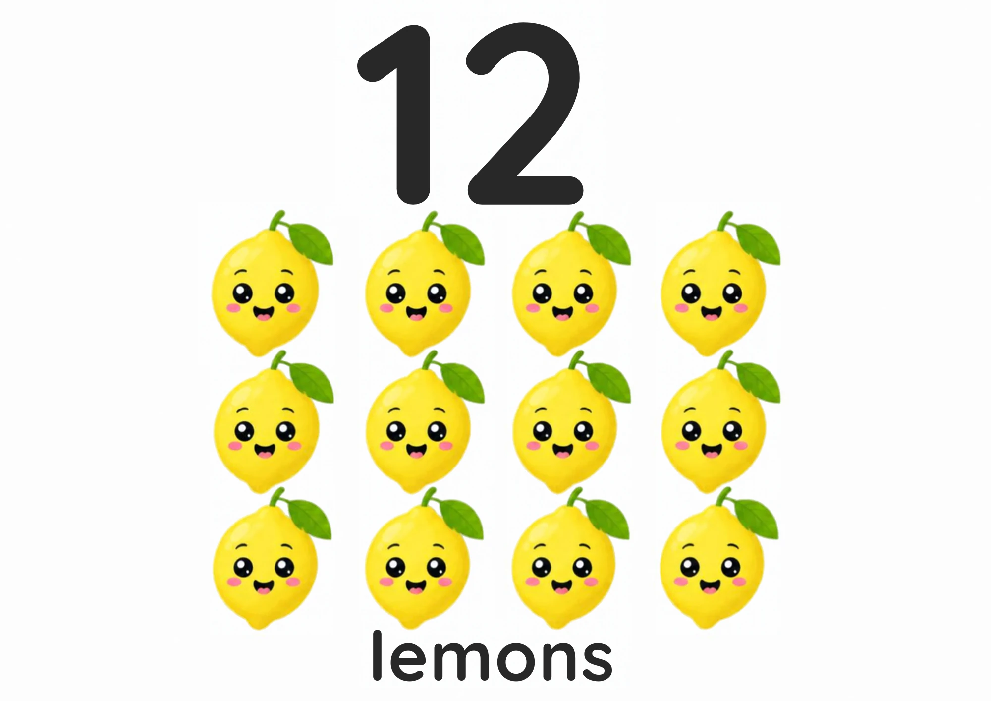 A counting flashcard titled 12: twelve smiling yellow lemons sit in three rows of four under a big black numeral 12, with the word "lemons" printed below.