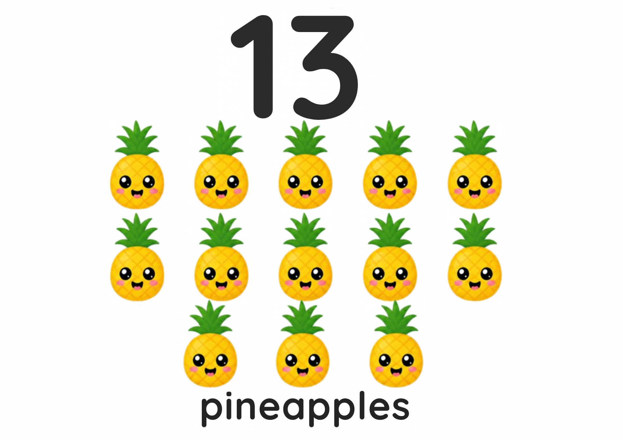 A counting flashcard titled 13: thirteen smiling pineapples with green crowns sit five, then five, then three under a big black numeral 13, with the word "pineapples" printed below.