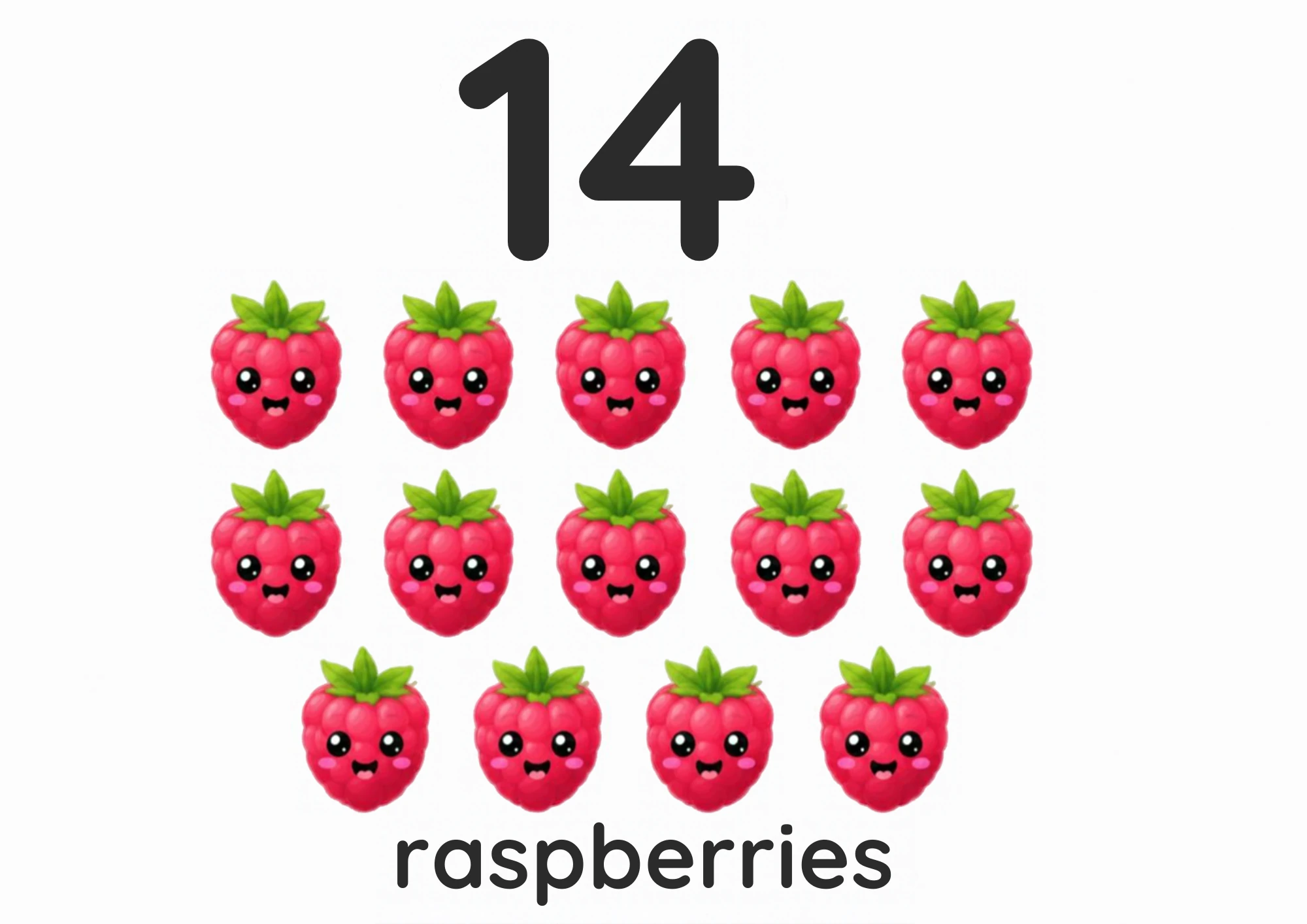 A counting flashcard titled 14: fourteen smiling red raspberries sit five, then five, then four under a big black numeral 14, with the word "raspberries" printed below.