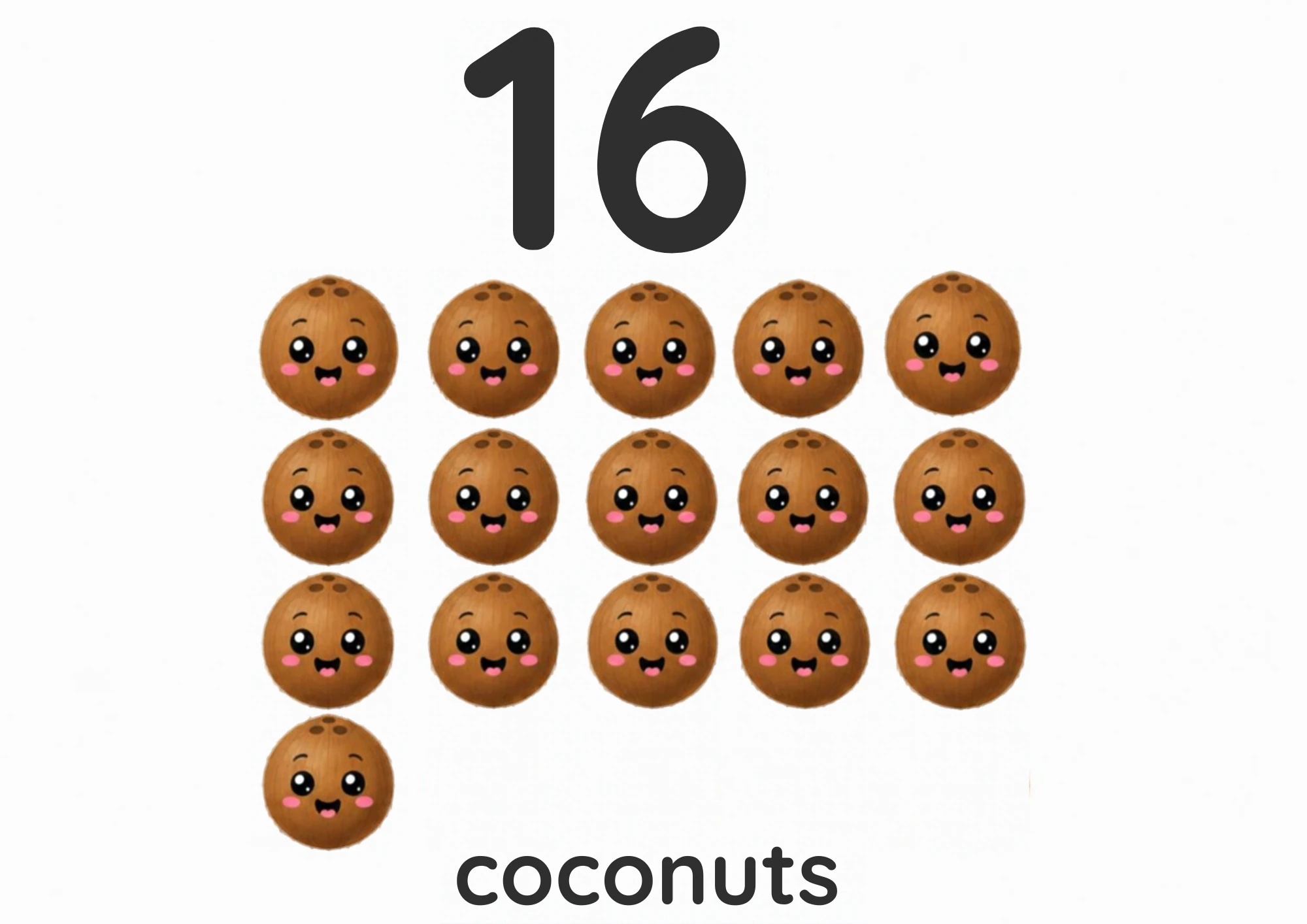 A counting flashcard titled 16: sixteen smiling brown coconuts sit three rows of five plus one more under a big black numeral 16, with the word "coconuts" printed below.