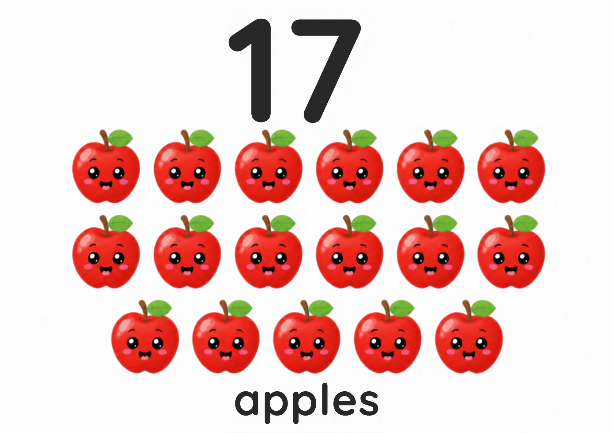 A counting flashcard titled 17: seventeen smiling red apples sit six, then six, then five under a big black numeral 17, with the word "apples" printed below.