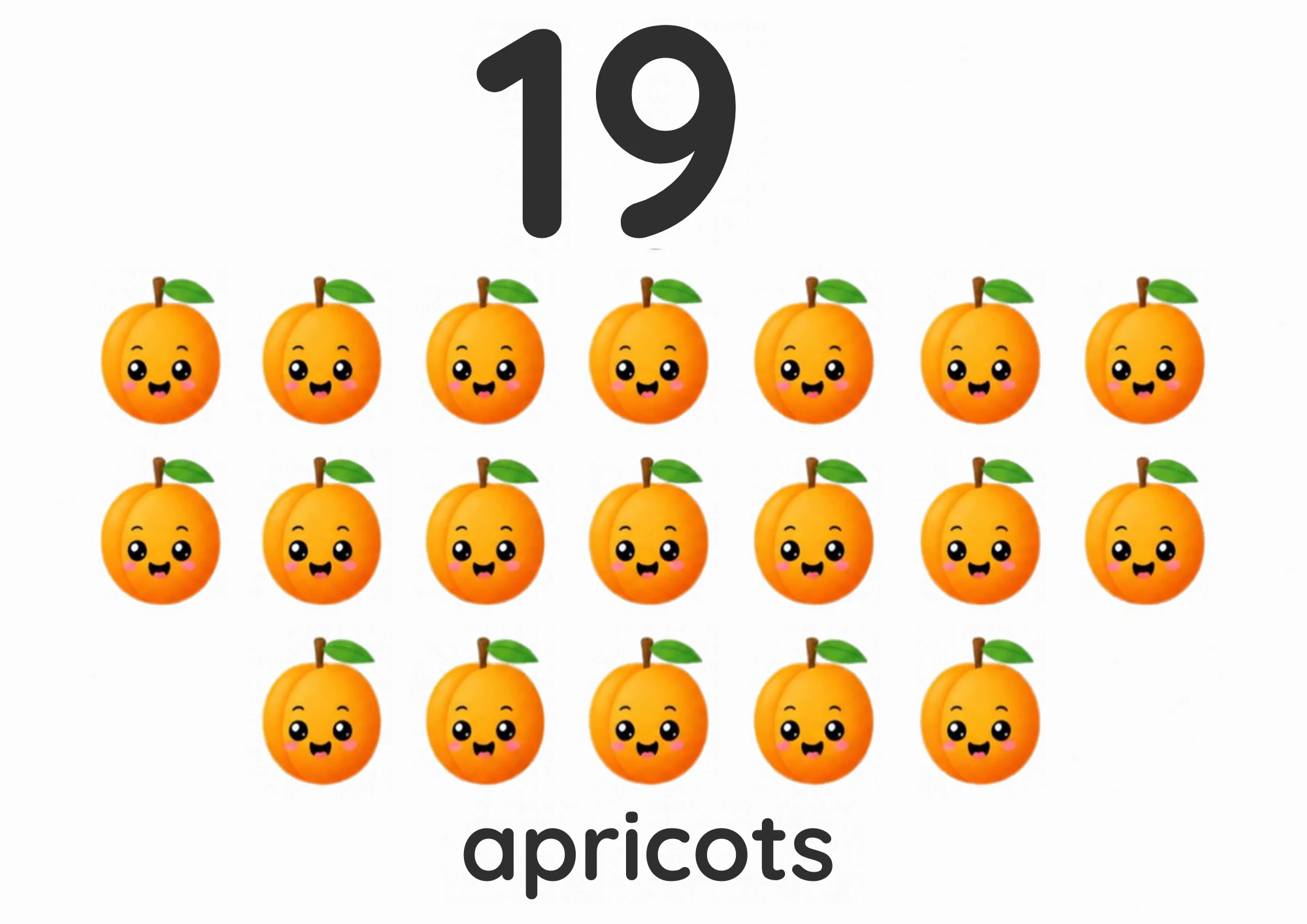 A counting flashcard titled 19: nineteen smiling orange apricots sit seven, then seven, then five under a big black numeral 19, with the word "apricots" printed below.