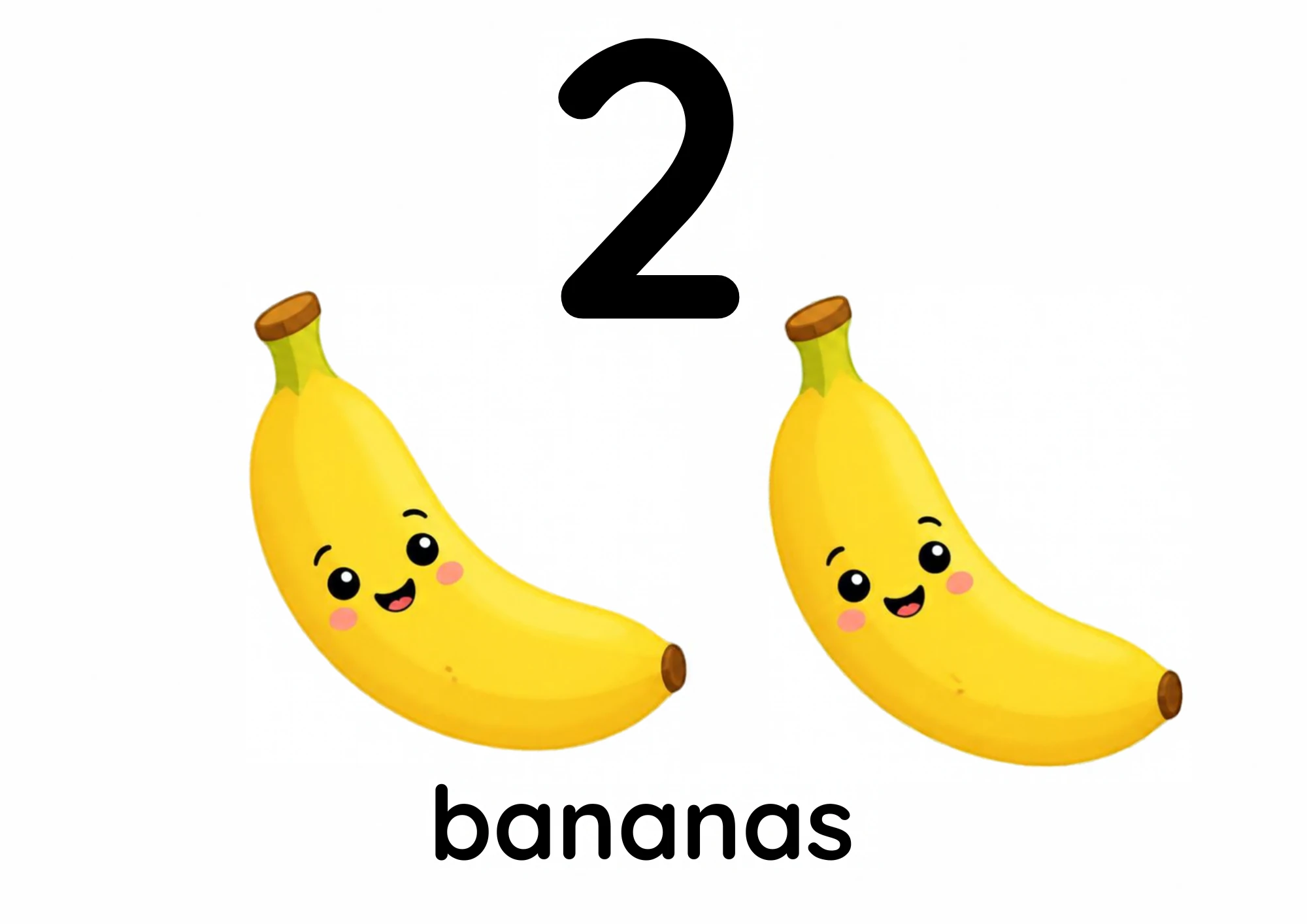 A counting flashcard titled 2: two smiling yellow bananas lean side by side under a big black numeral 2, with the word "bananas" printed below.