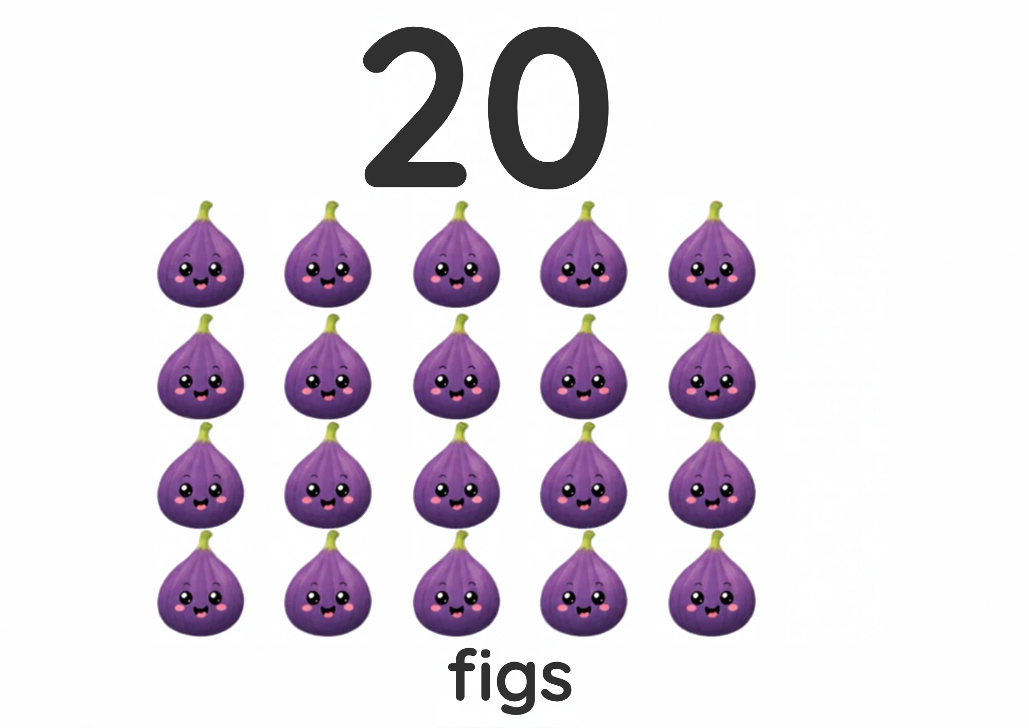 A counting flashcard titled 20: twenty smiling purple figs sit in four neat rows of five under a big black numeral 20, with the word "figs" printed below.