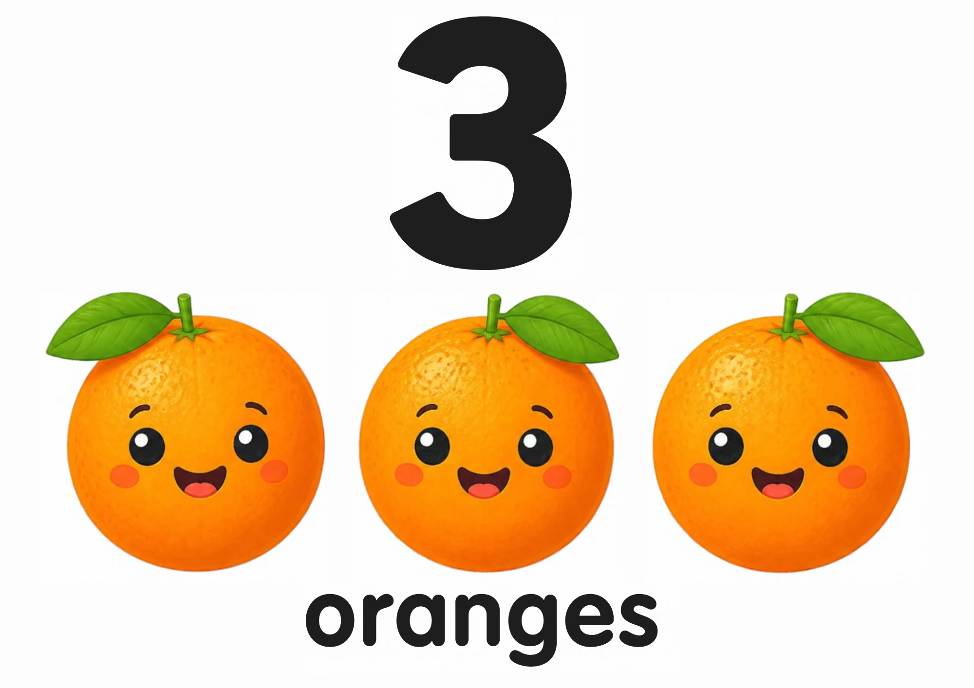A counting flashcard titled 3: three smiling oranges with green leaves stand in a row under a big black numeral 3, with the word "oranges" printed below.