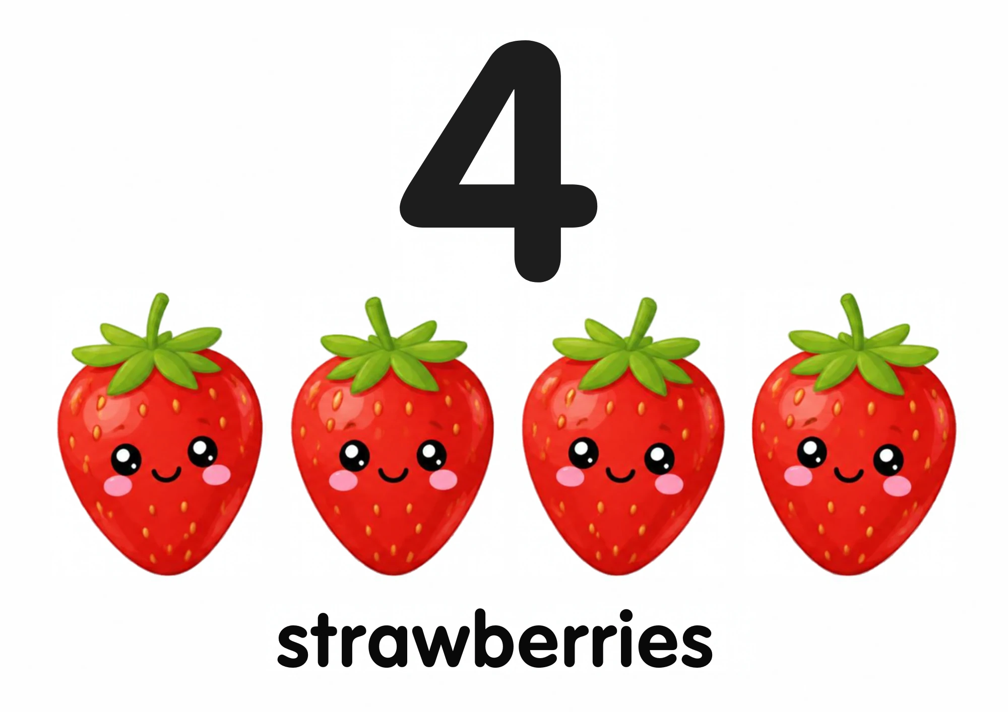 A counting flashcard titled 4: four smiling red strawberries with green calyxes stand in a row under a big black numeral 4, with the word "strawberries" printed below.