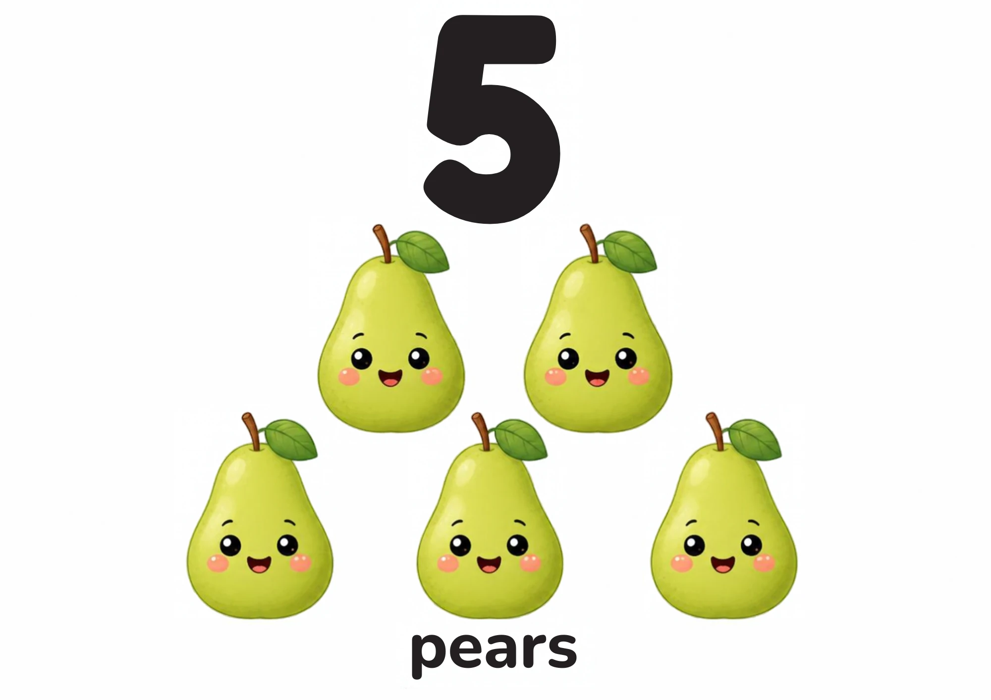 A counting flashcard titled 5: five smiling green pears are arranged two on top and three below under a big black numeral 5, with the word "pears" printed below.