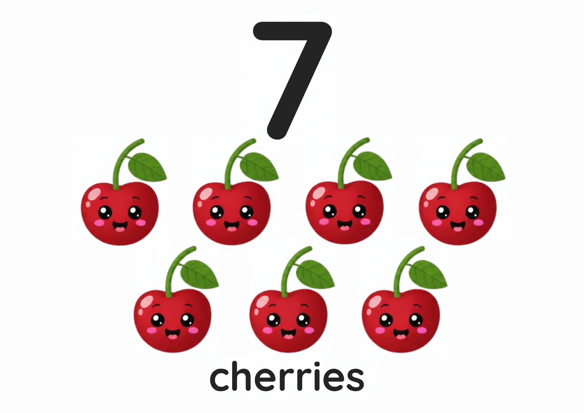 A counting flashcard titled 7: seven smiling red cherries with stems sit four on top and three below under a big black numeral 7, with the word "cherries" printed below.