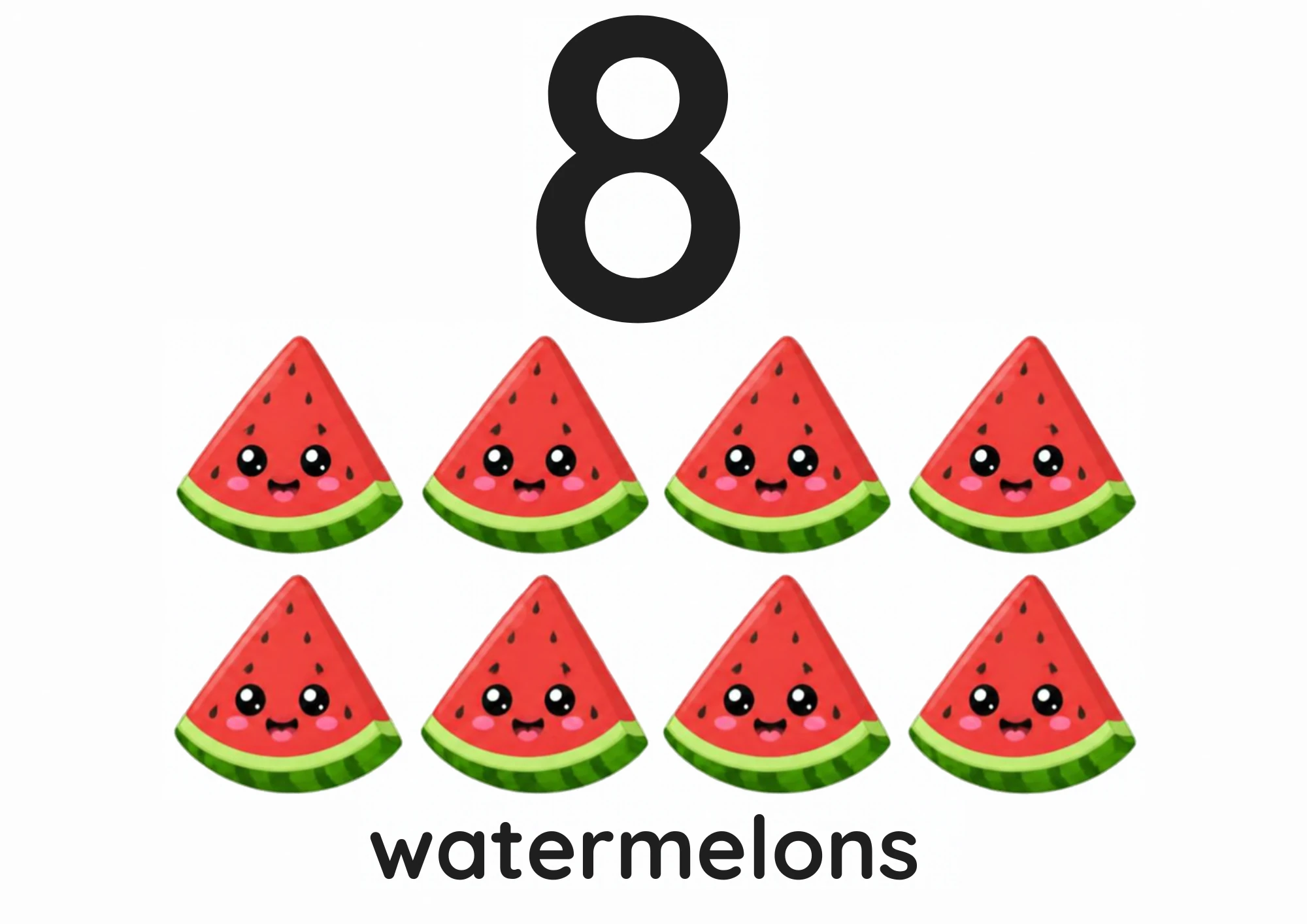 A counting flashcard titled 8: eight smiling watermelon slices with green rind sit in two rows of four under a big black numeral 8, with the word "watermelons" printed below.
