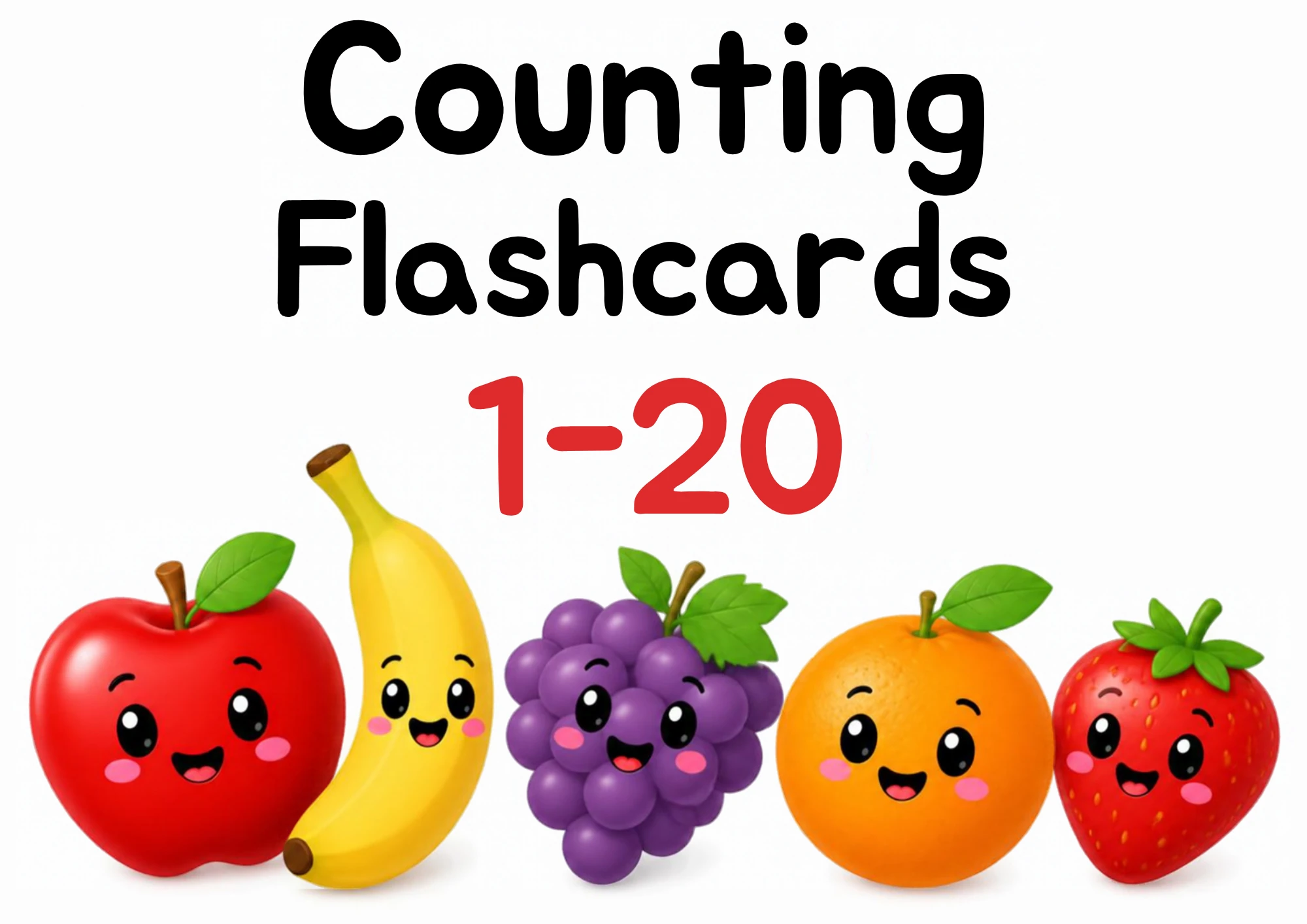 Cover of the Counting Flashcards 1–20 set from Kiddo School: the title over five smiling fruits — an apple, a banana, grapes, an orange and a strawberry.