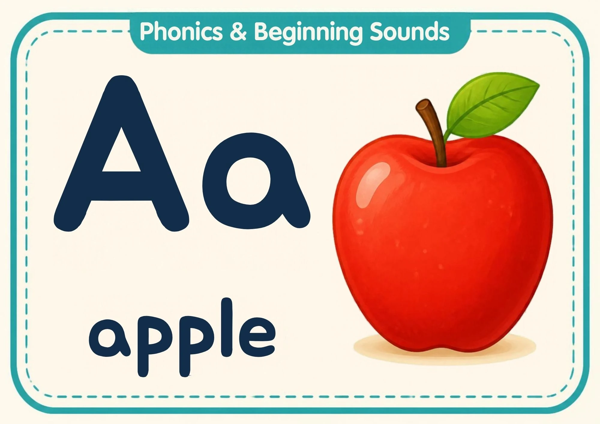 A phonics flashcard with the big letters Aa, the word "apple" and a shiny red apple with a green leaf.
