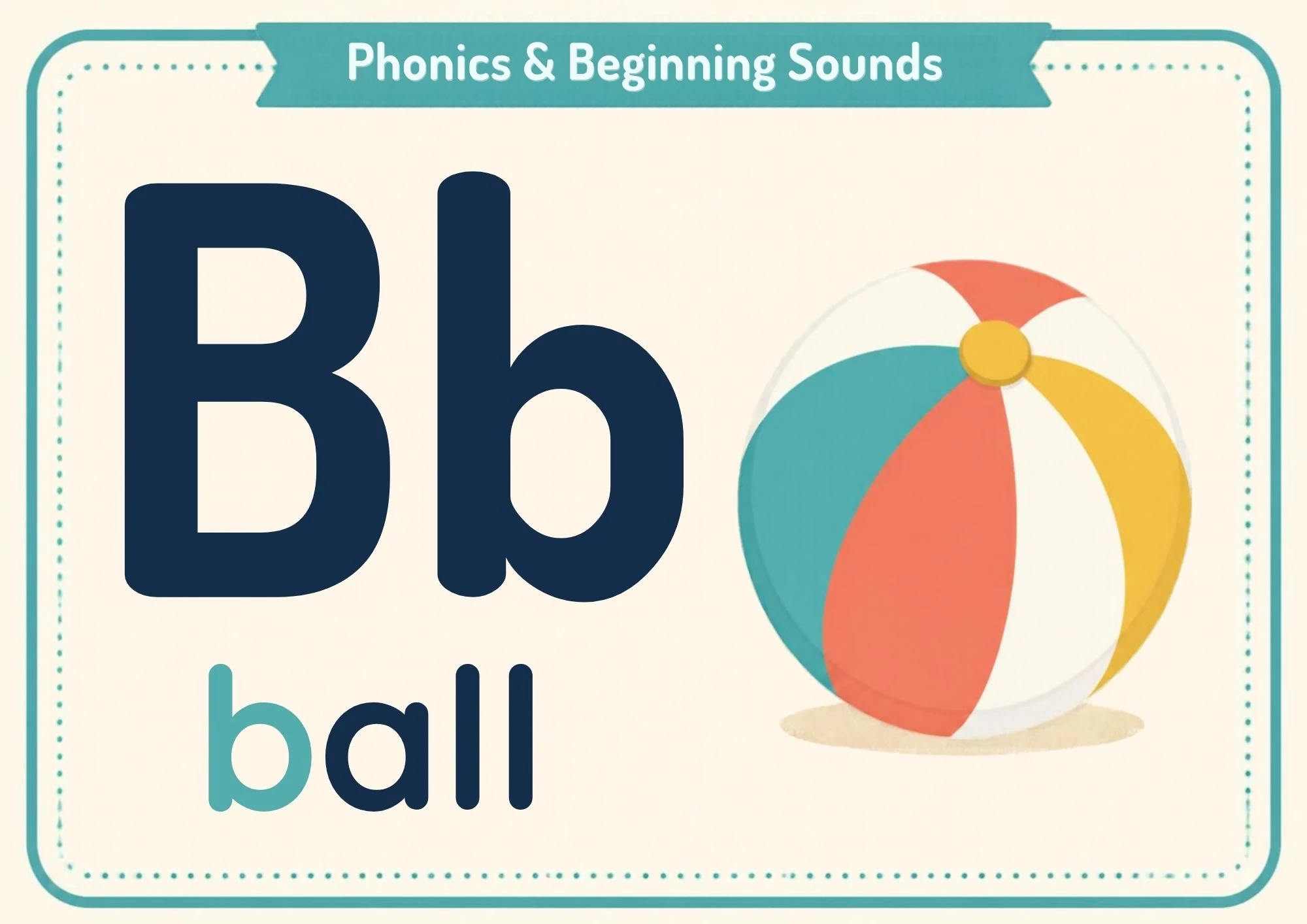 A phonics flashcard with the big letters Bb, the word "ball" and a smiling beach ball in yellow, red and blue.