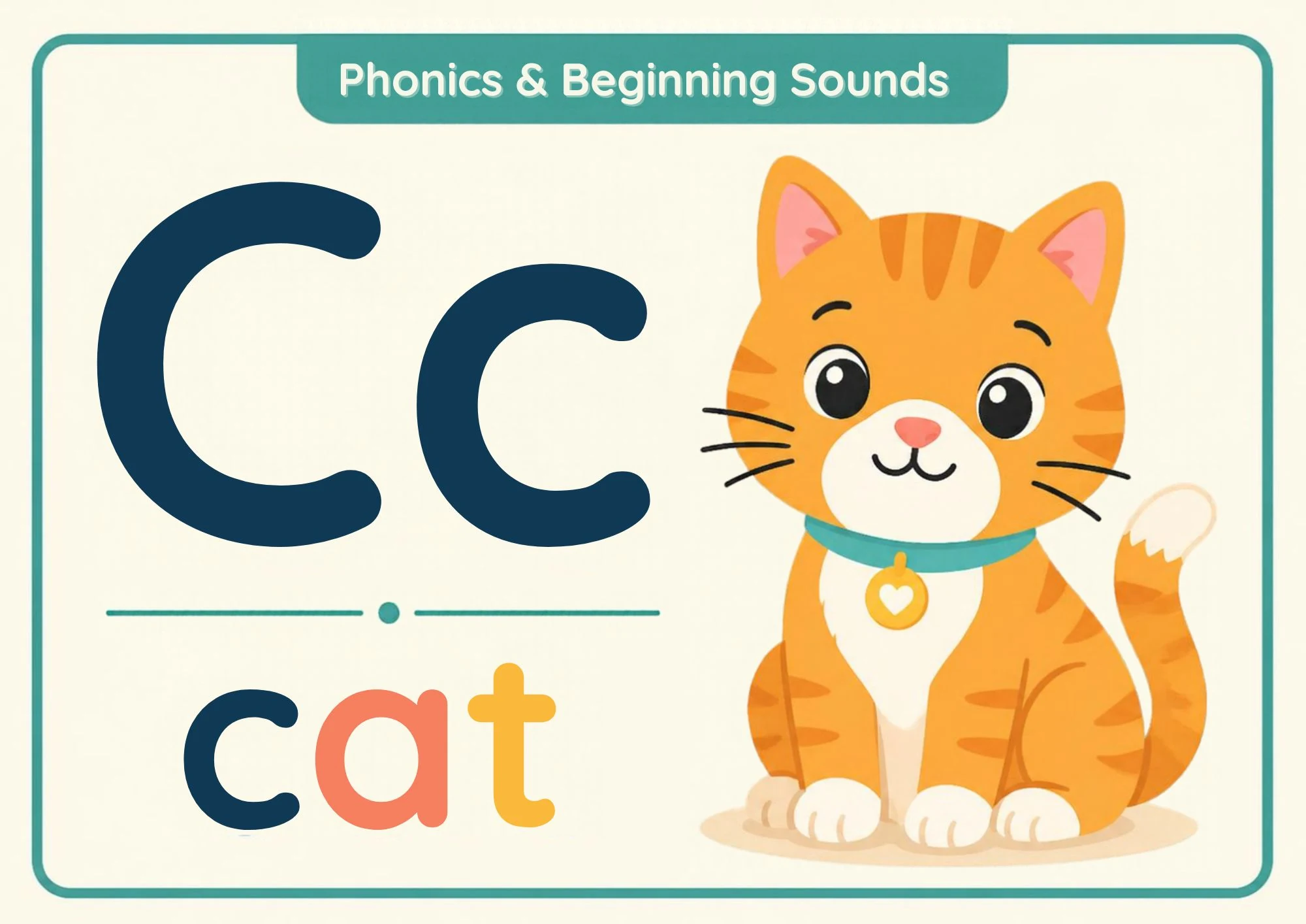 A phonics flashcard with the big letters Cc, the word "cat" and a smiling orange tabby cat.