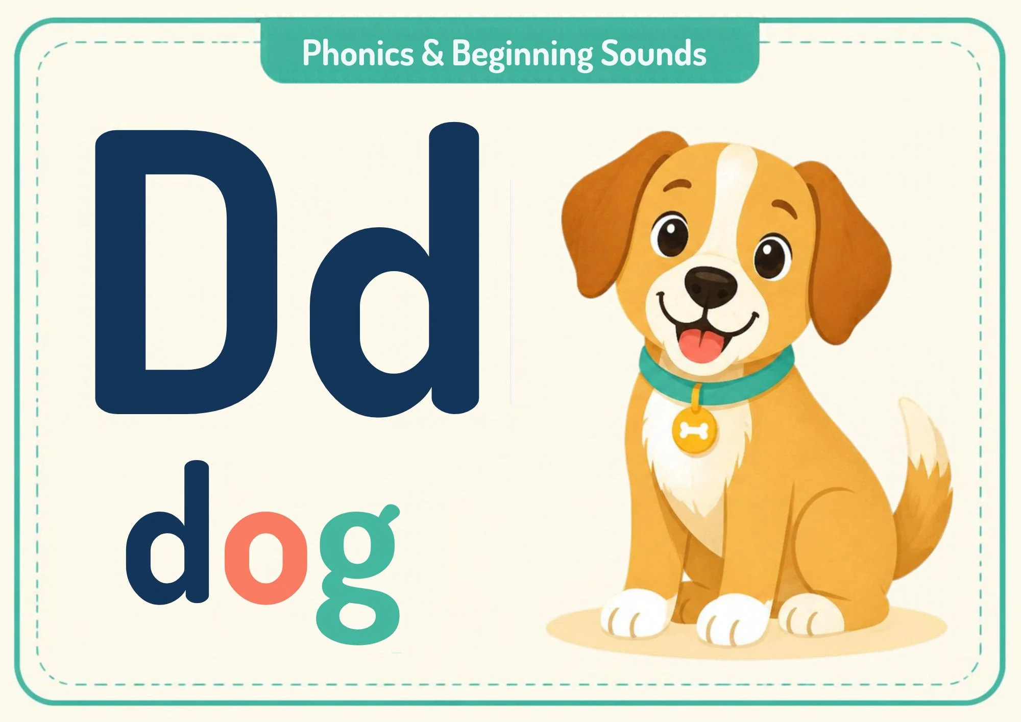 A phonics flashcard with the big letters Dd, the word "dog" and a smiling golden puppy with a green collar.