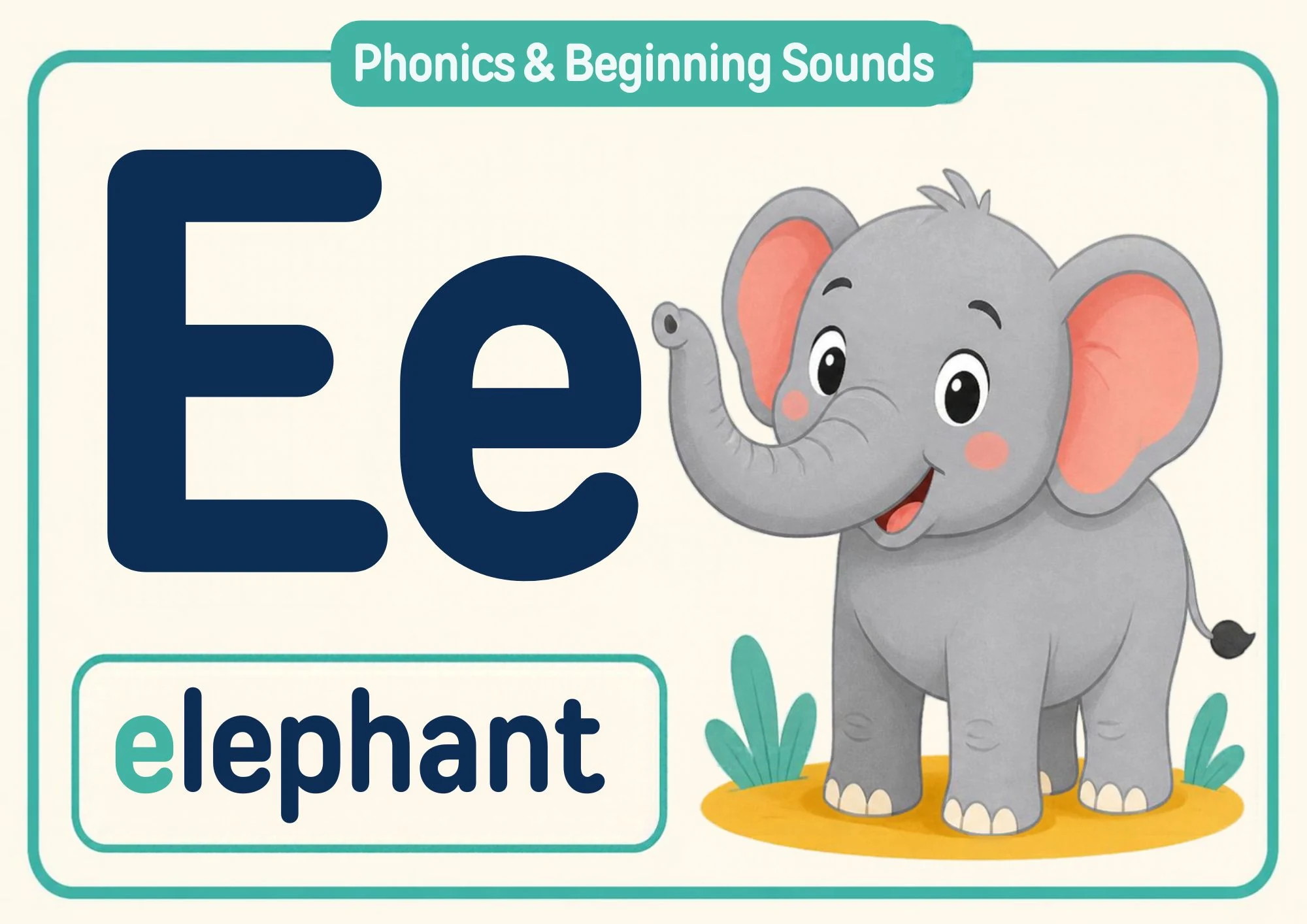 A phonics flashcard with the big letters Ee, the word "elephant" in a rounded box and a smiling grey elephant.