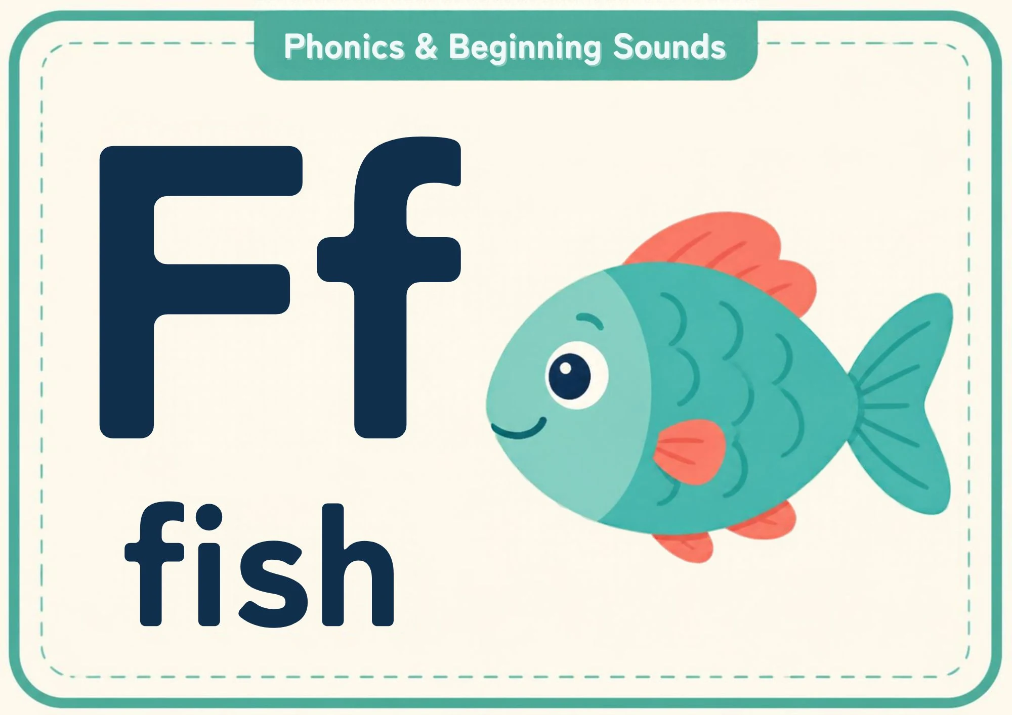 A phonics flashcard with the big letters Ff, the word "fish" and a smiling teal fish.