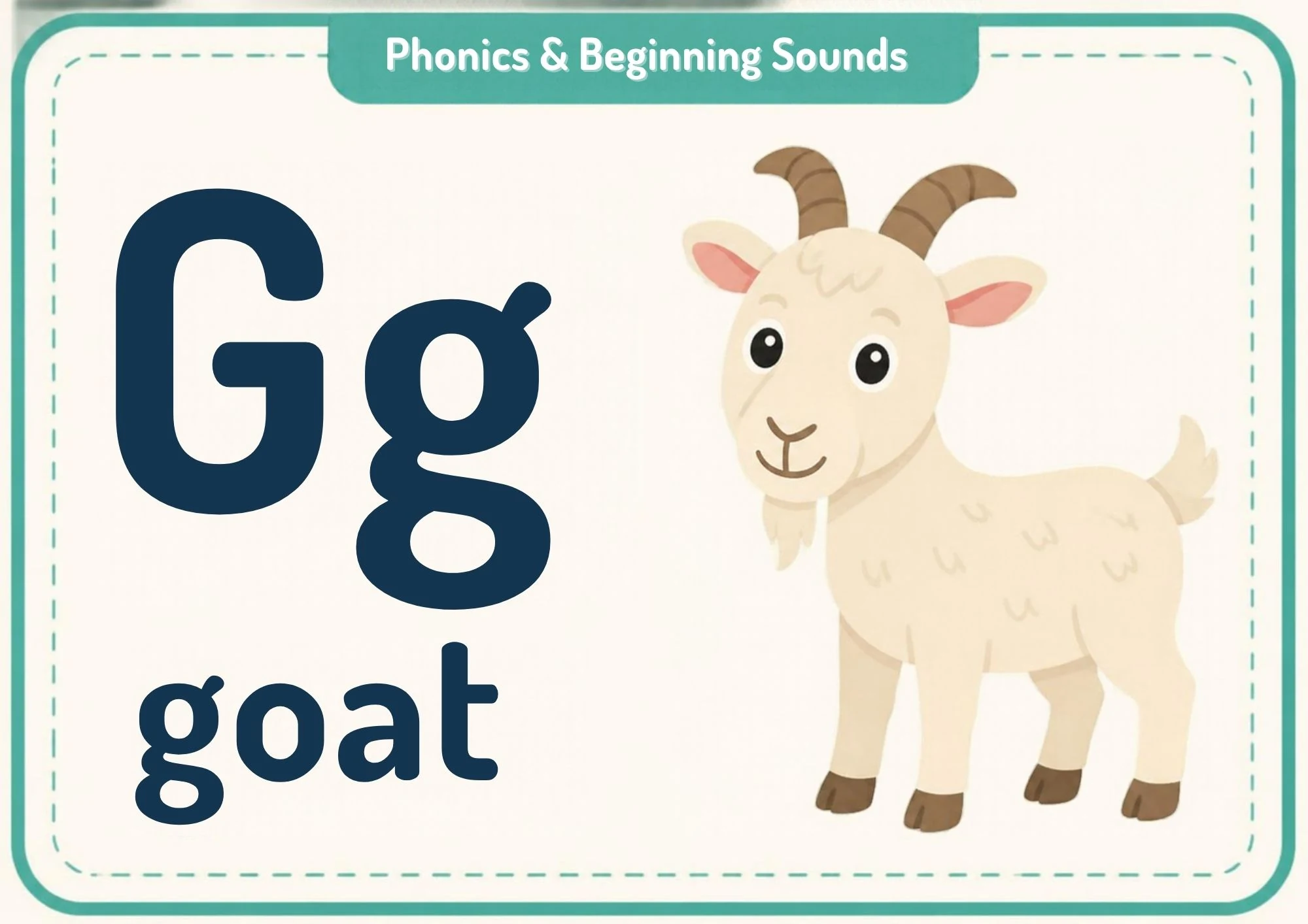 A phonics flashcard with the big letters Gg, the word "goat" and a smiling white goat with little horns.
