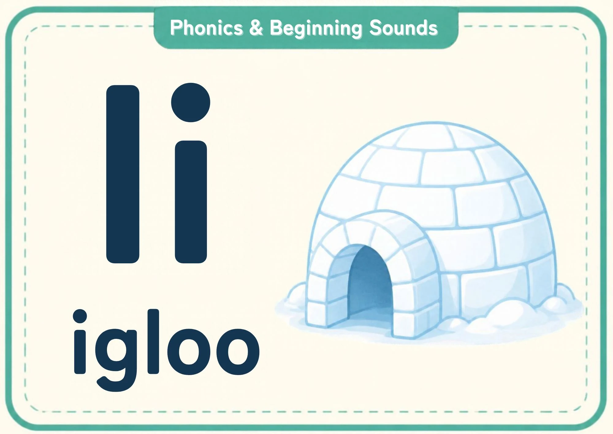 A phonics flashcard with the big letters Ii, the word "igloo" and a snowy ice igloo with a round doorway.