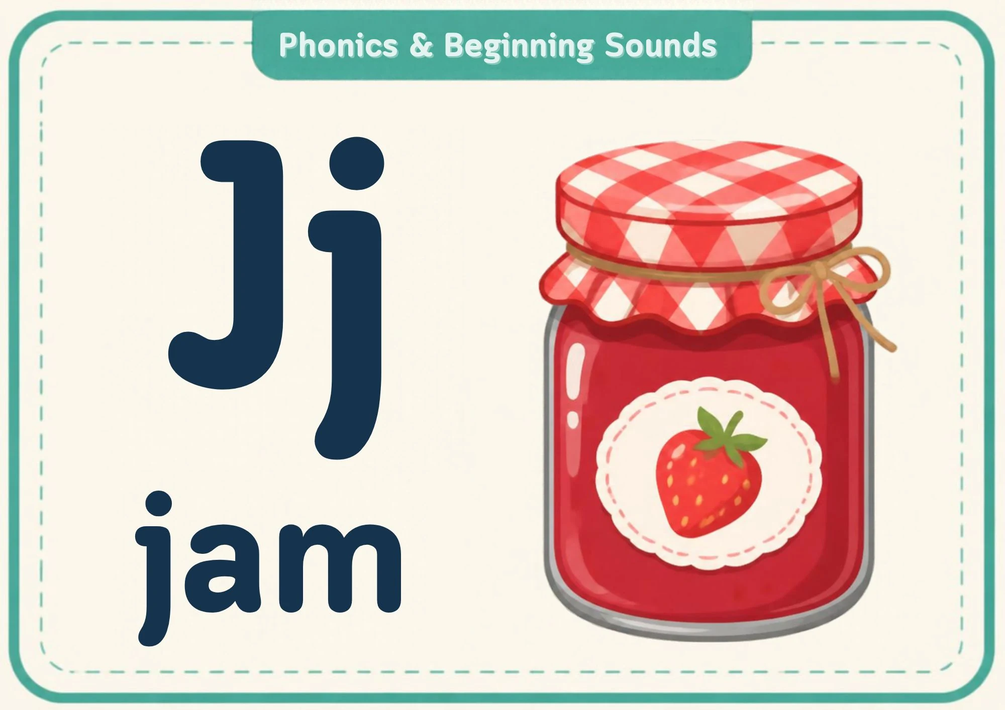 A phonics flashcard with the big letters Jj, the word "jam" and a strawberry jam jar with a red gingham lid.