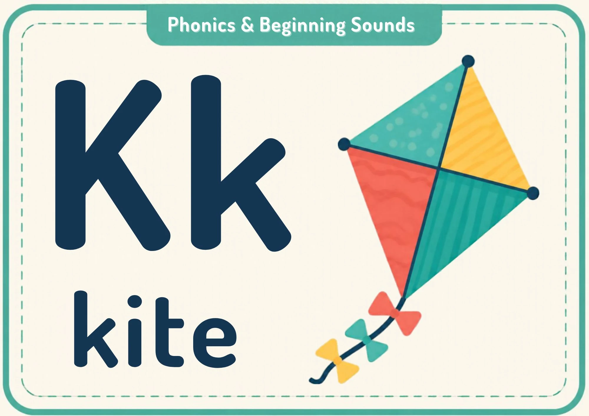A phonics flashcard with the big letters Kk, the word "kite" and a colourful diamond kite with two bows on its tail.