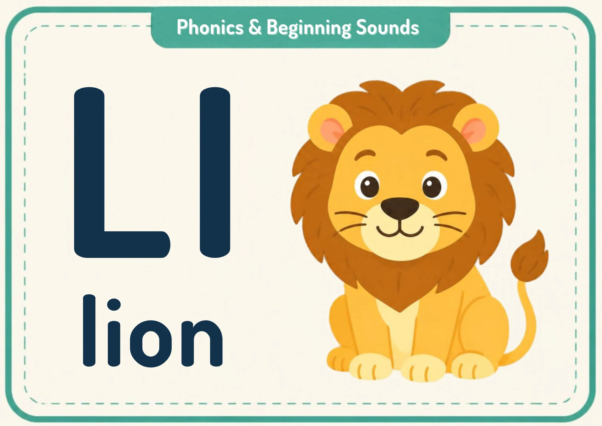 A phonics flashcard with the big letters Ll, the word "lion" and a golden lion with a fluffy dark mane.