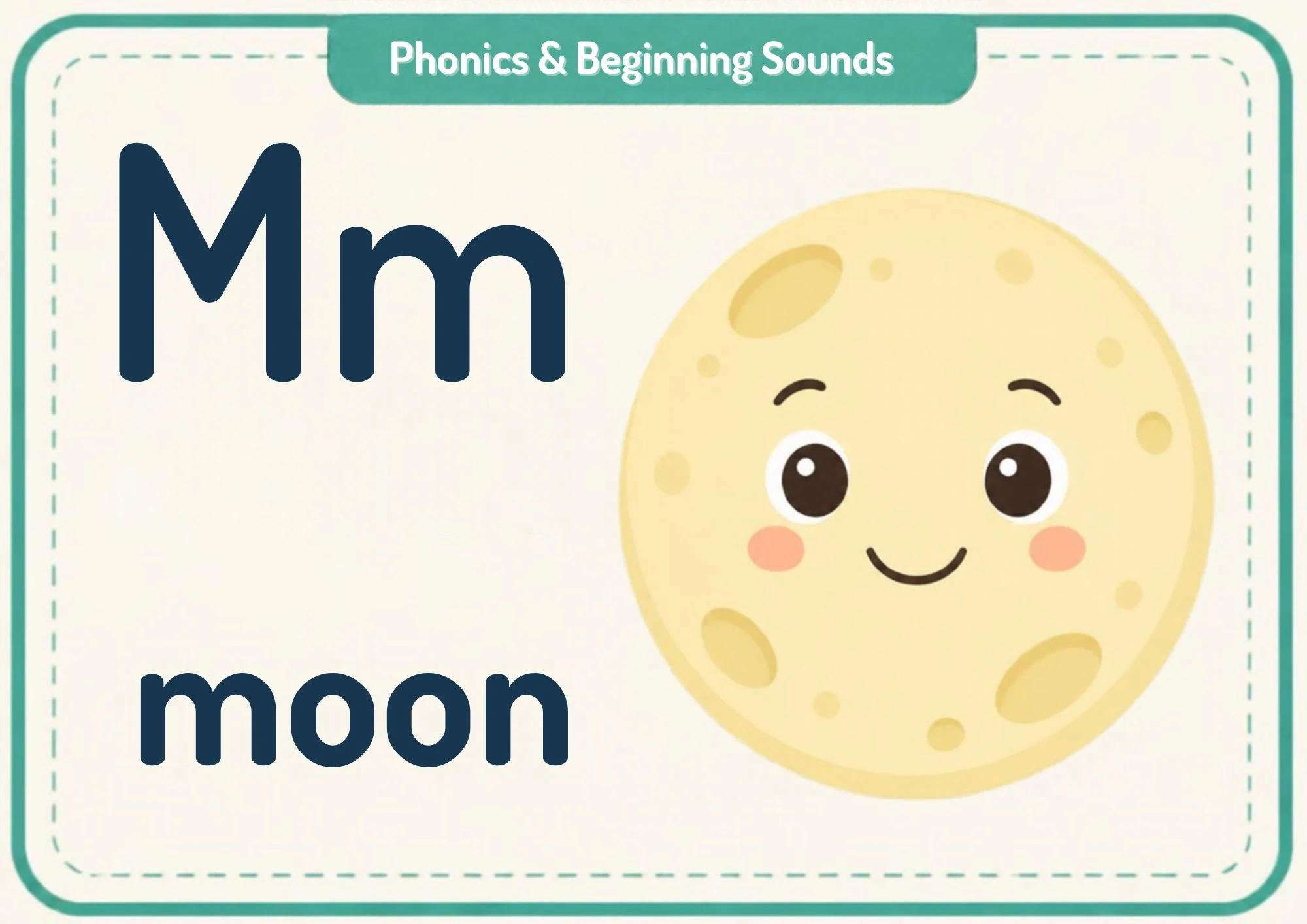 A phonics flashcard with the big letters Mm, the word "moon" and a smiling full moon with craters.