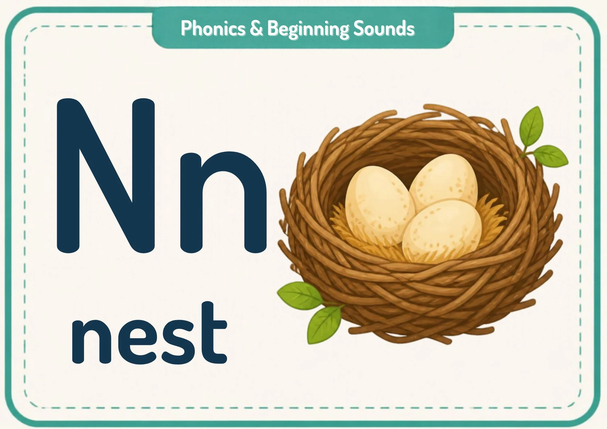 A phonics flashcard with the big letters Nn, the word "nest" and a brown nest holding three pale eggs.
