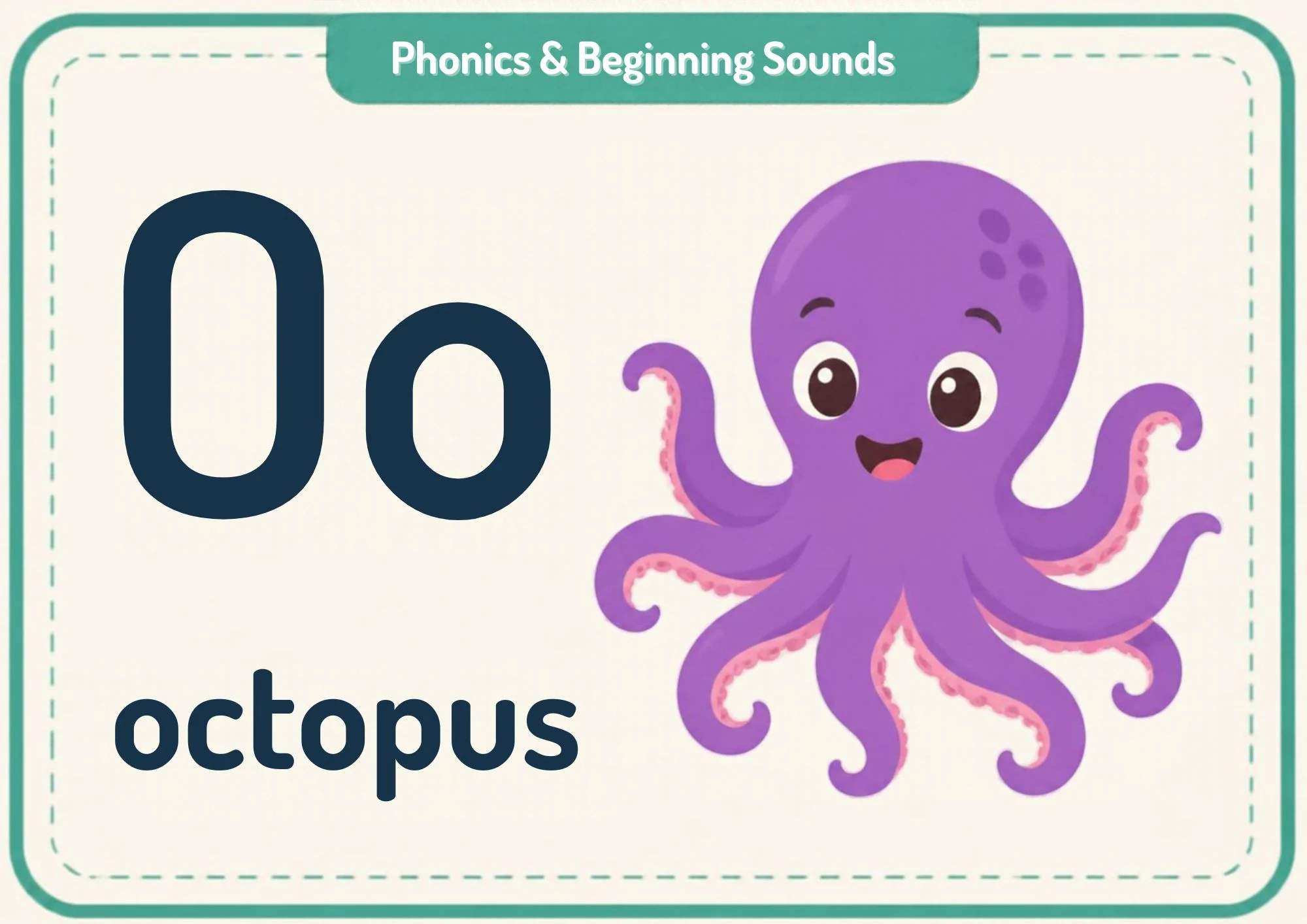 A phonics flashcard with the big letters Oo, the word "octopus" and a smiling purple octopus with curling arms.