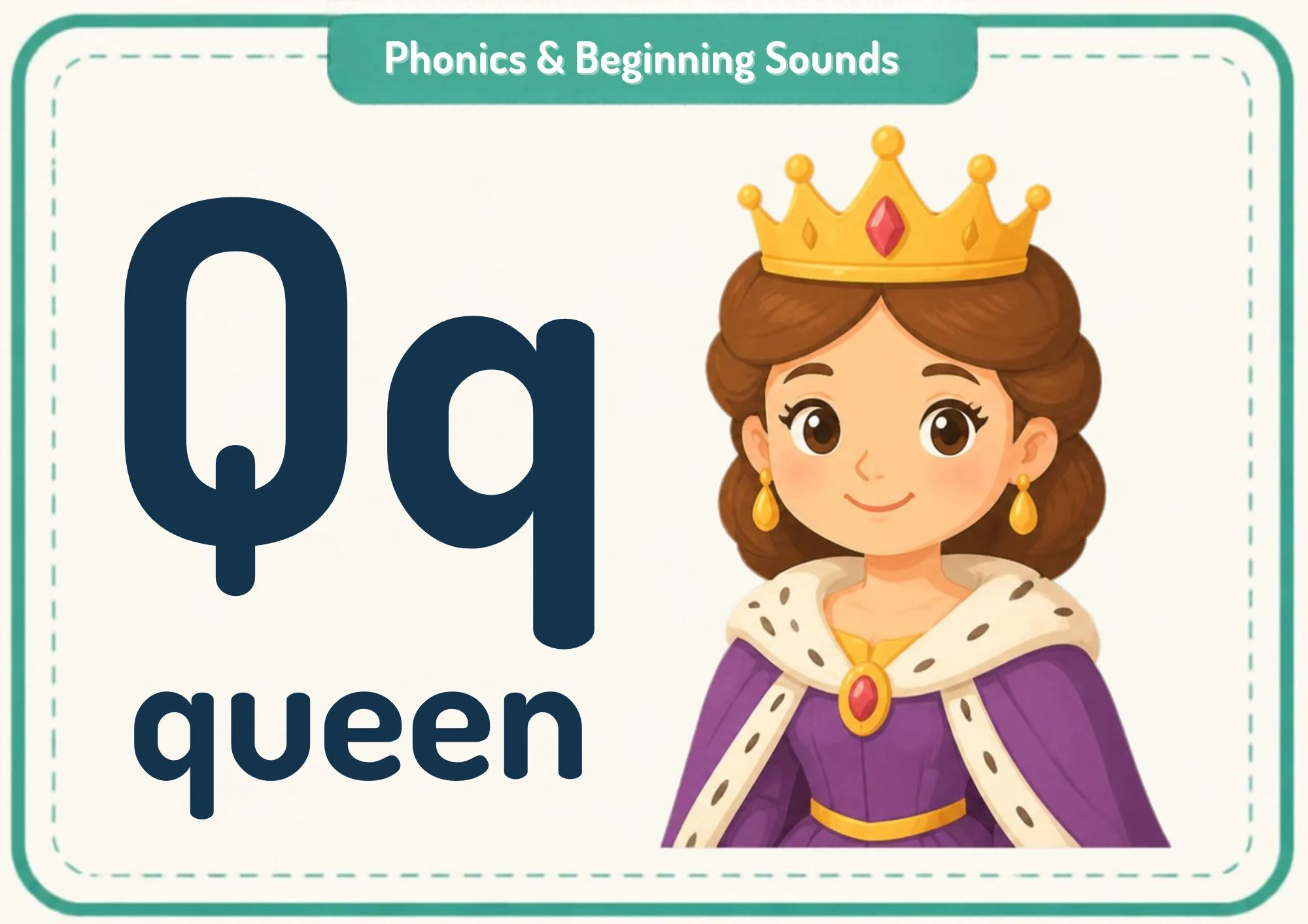 A phonics flashcard with the big letters Qq, the word "queen" and a smiling queen with a golden crown and purple gown.