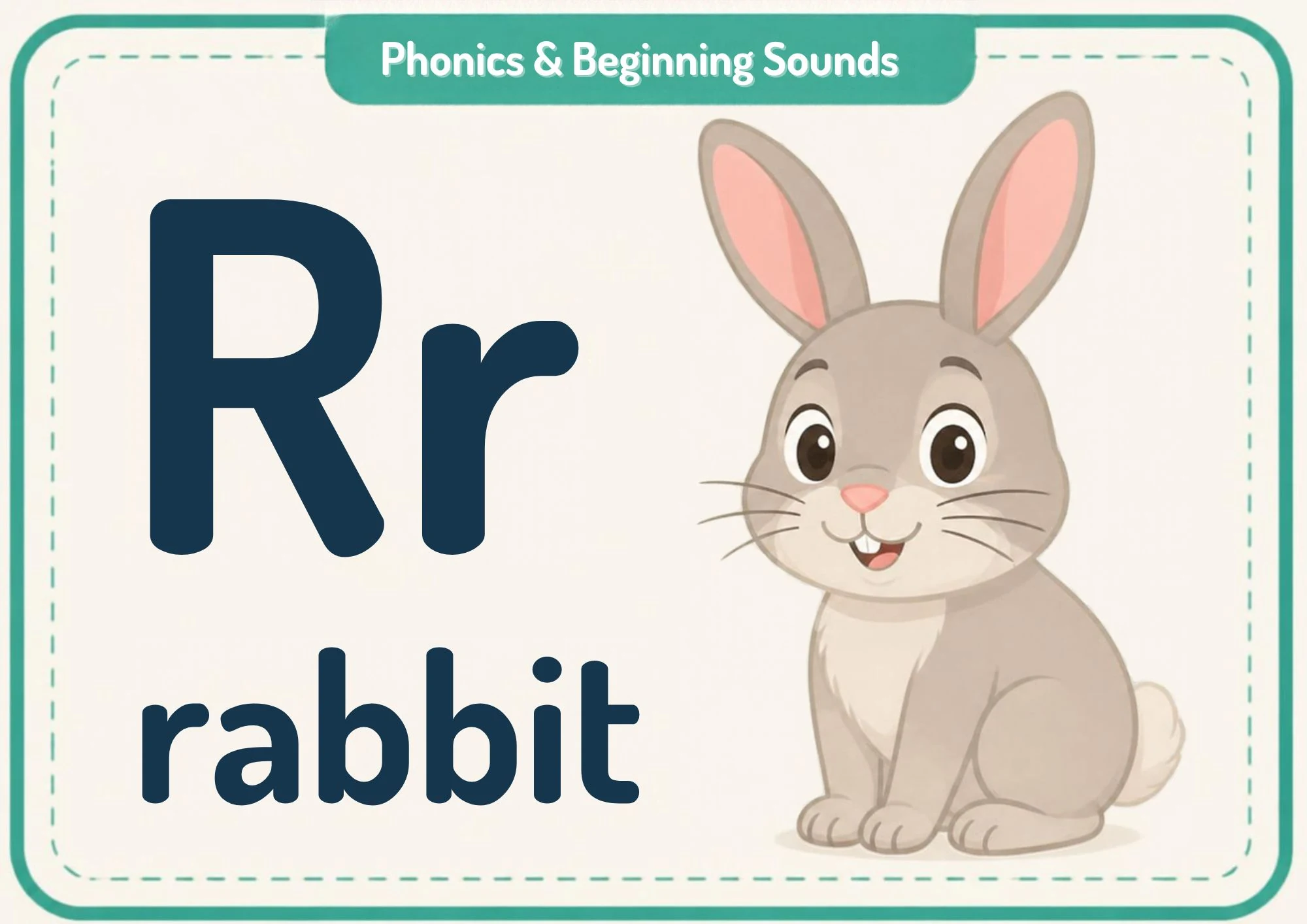 A phonics flashcard with the big letters Rr, the word "rabbit" and a grey rabbit with long ears.