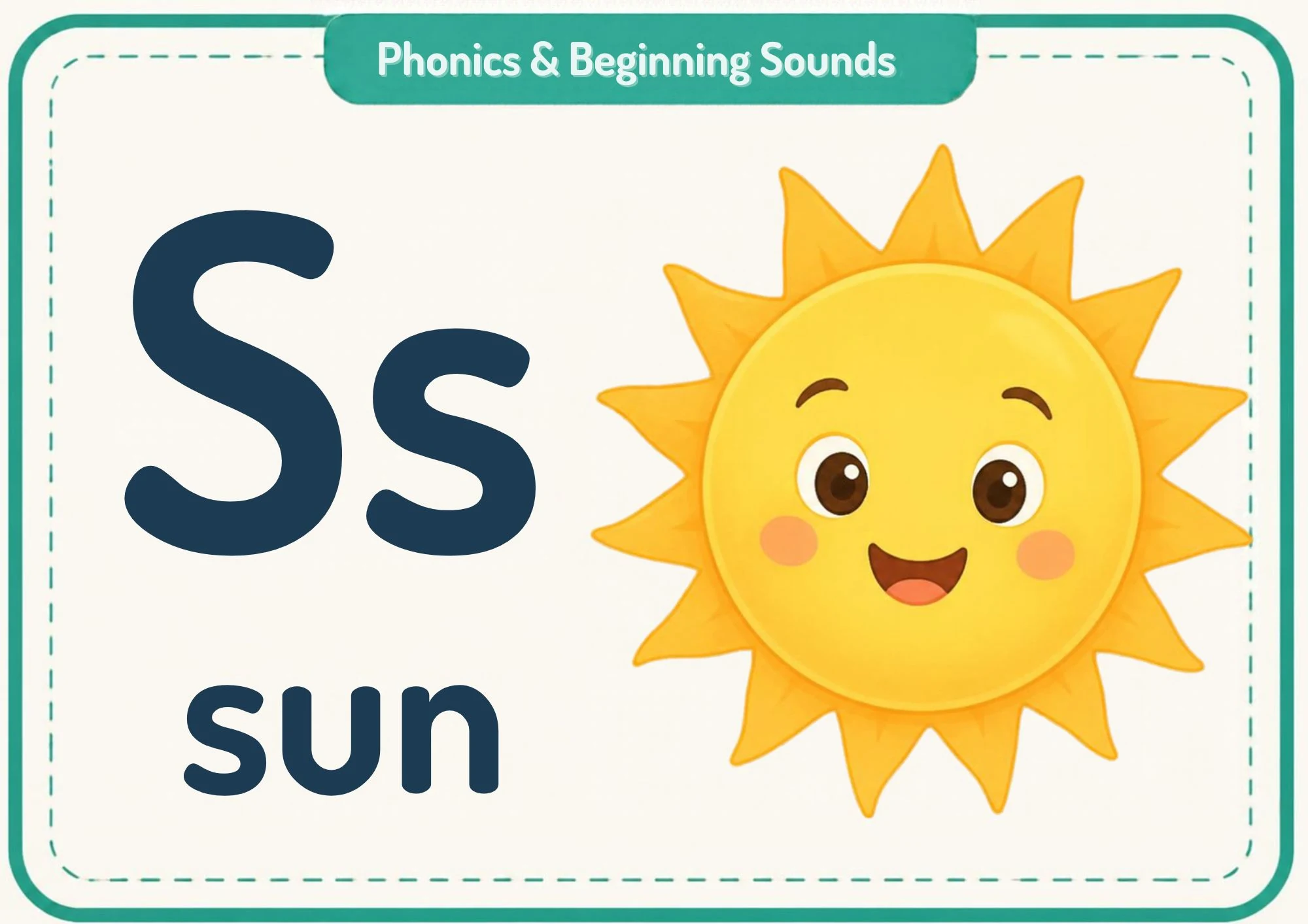 A phonics flashcard with the big letters Ss, the word "sun" and a smiling yellow sun with rounded rays.