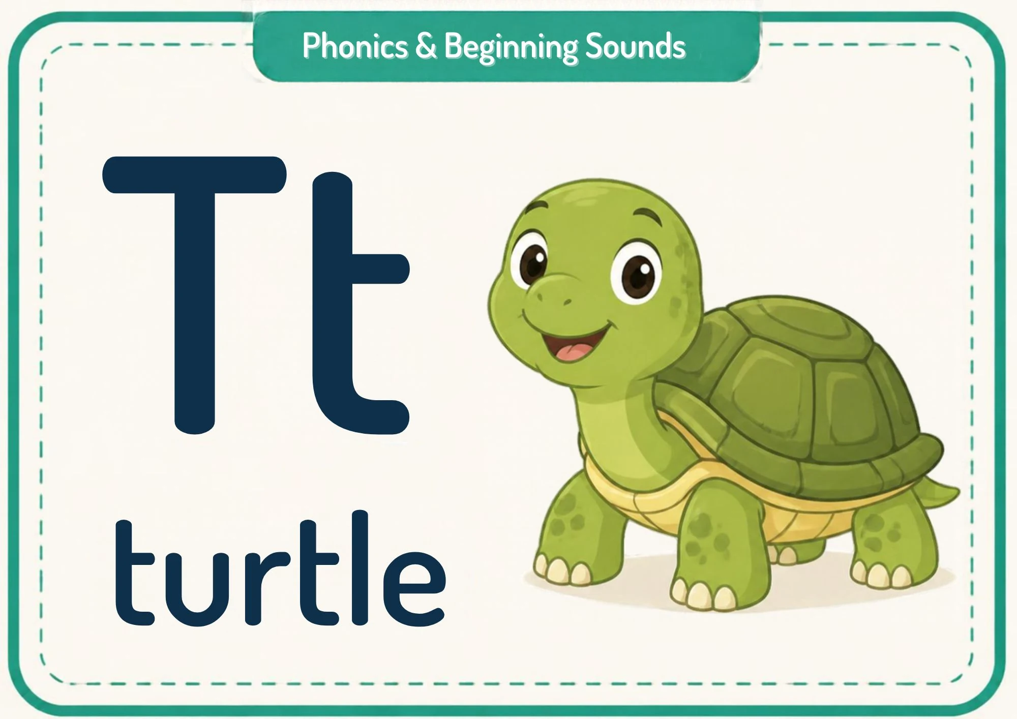A phonics flashcard with the big letters Tt, the word "turtle" and a smiling green turtle.