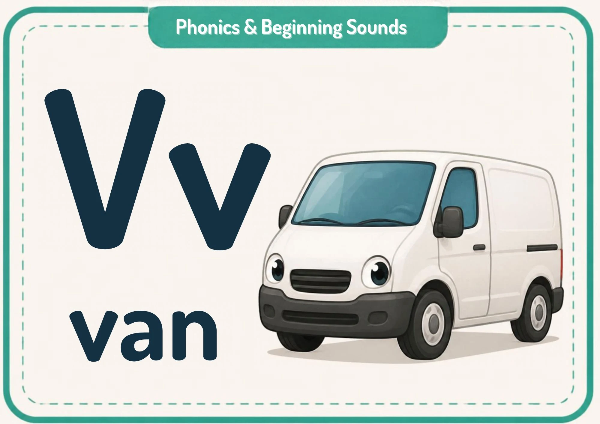 A phonics flashcard with the big letters Vv, the word "van" and a white delivery van with a friendly face.